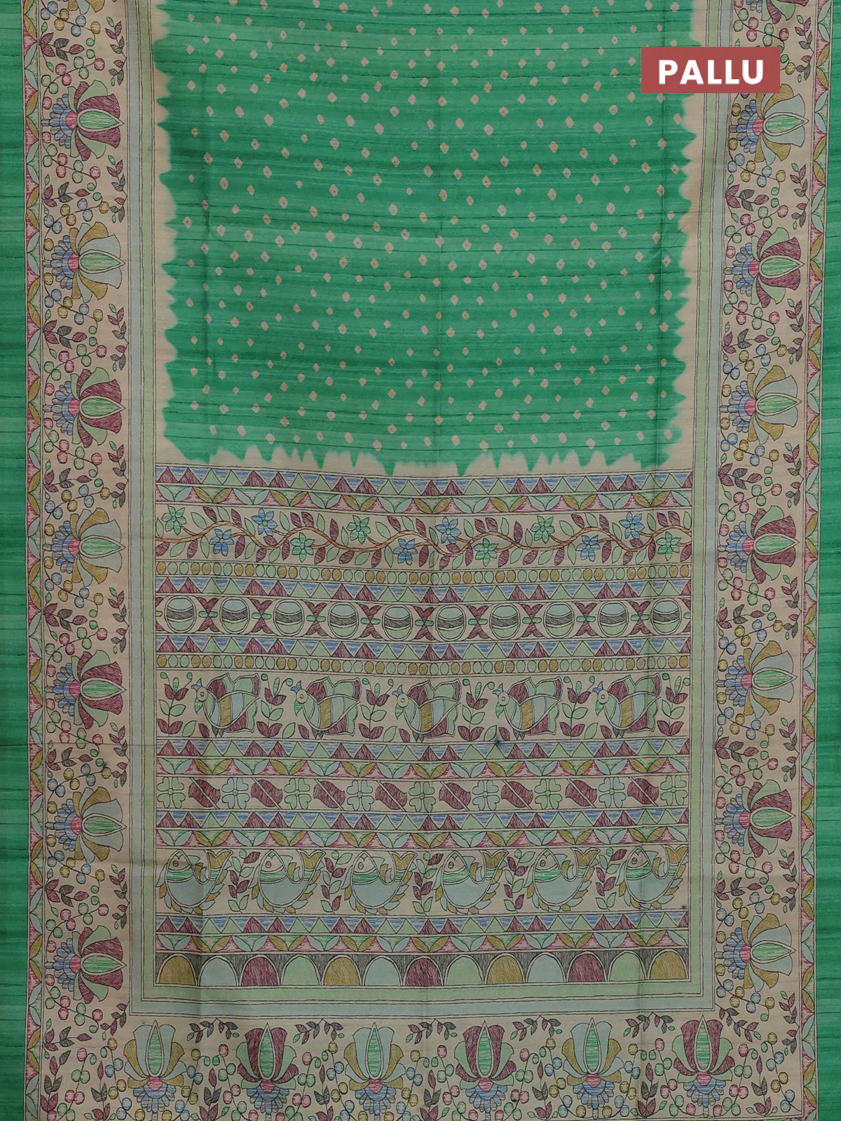 Semi tussar saree green and beige with allover bandhani prints and madhubani printed pallu & border - Image 3
