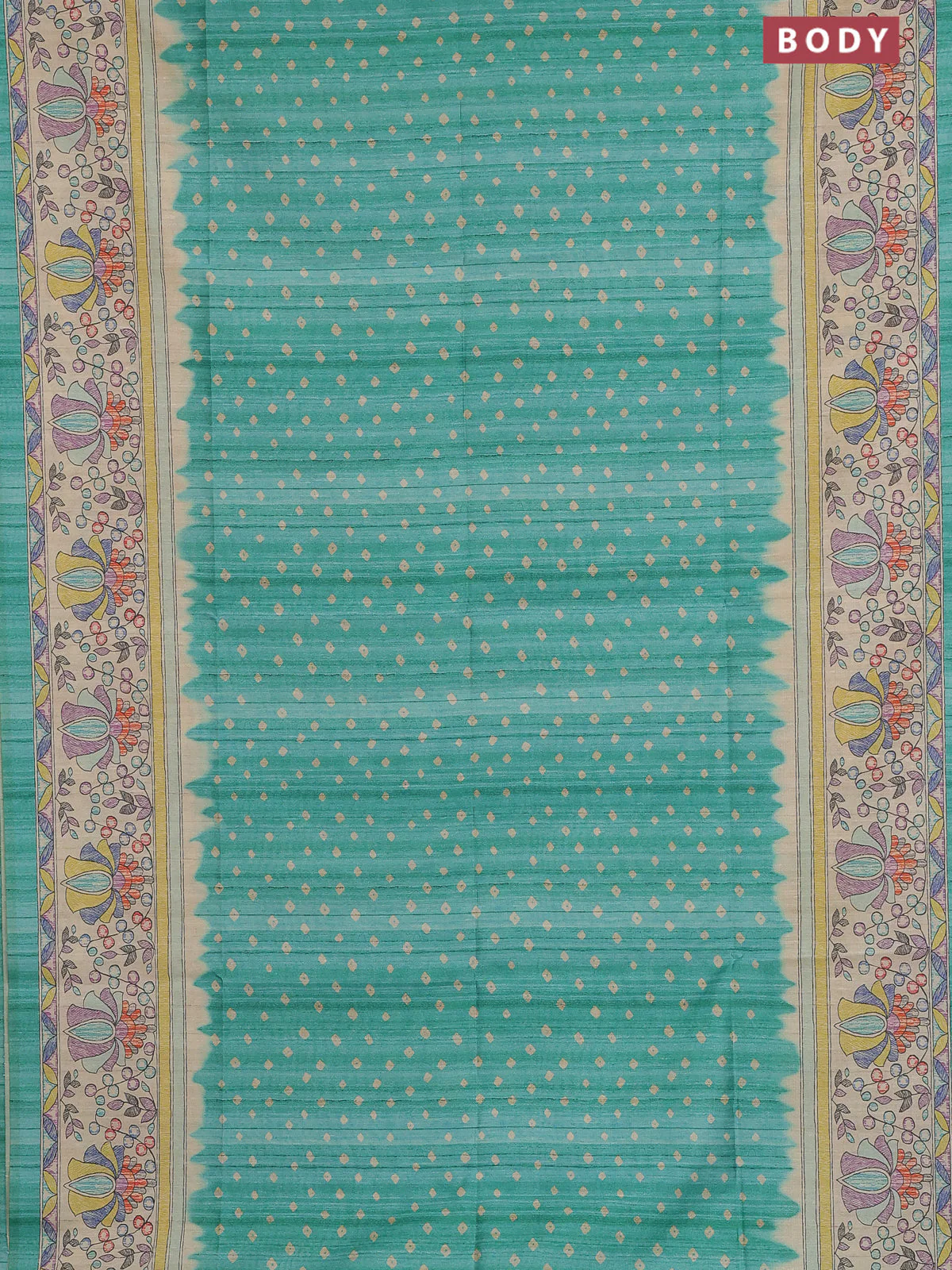 Semi tussar saree green and beige with allover bandhani prints and madhubani printed pallu & border - Image 2