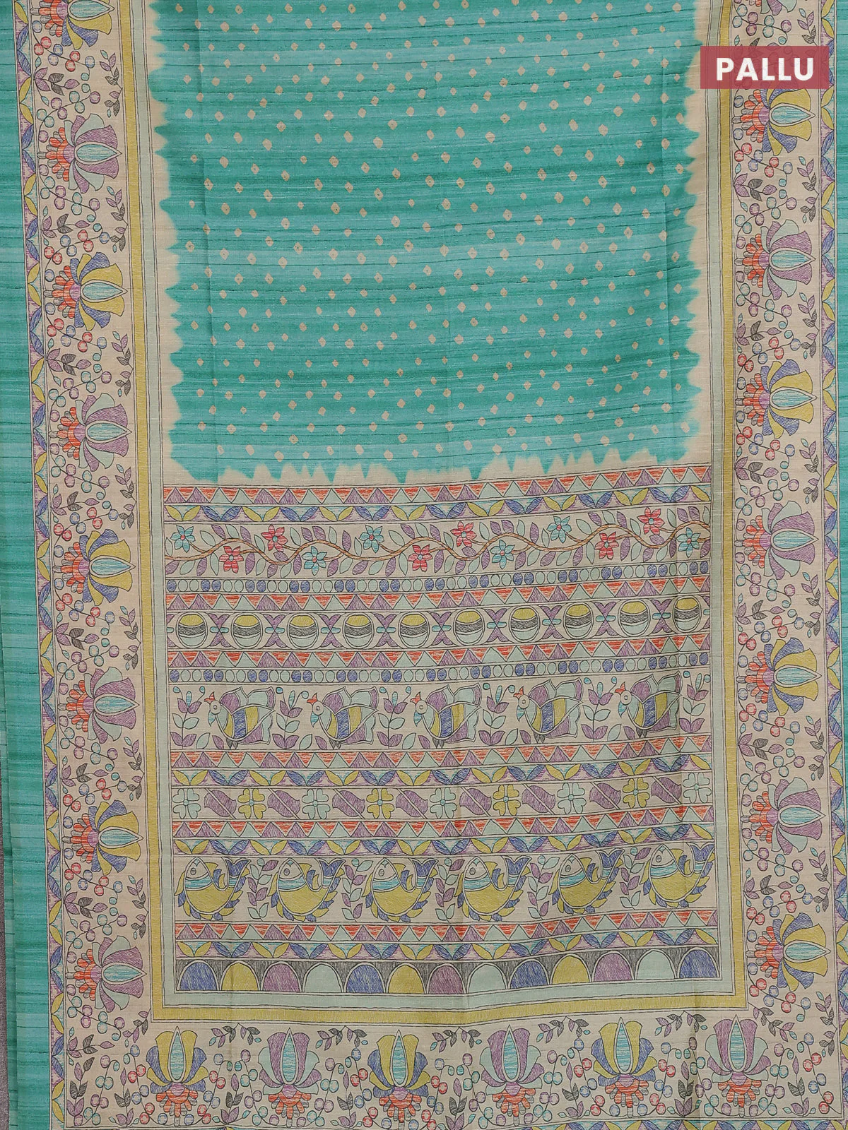 Semi tussar saree green and beige with allover bandhani prints and madhubani printed pallu & border - Image 3