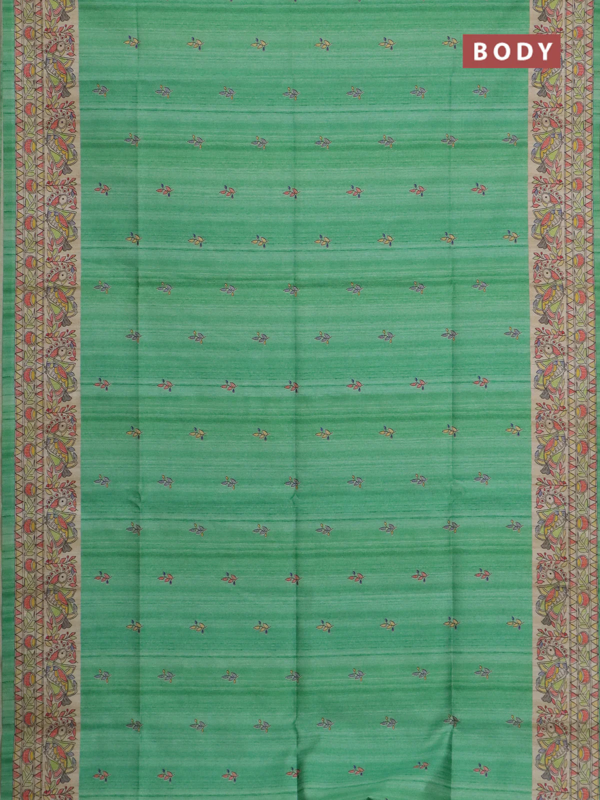 Semi tussar saree green and beige with allover butta prints and madhubani printed pallu & border - Image 2