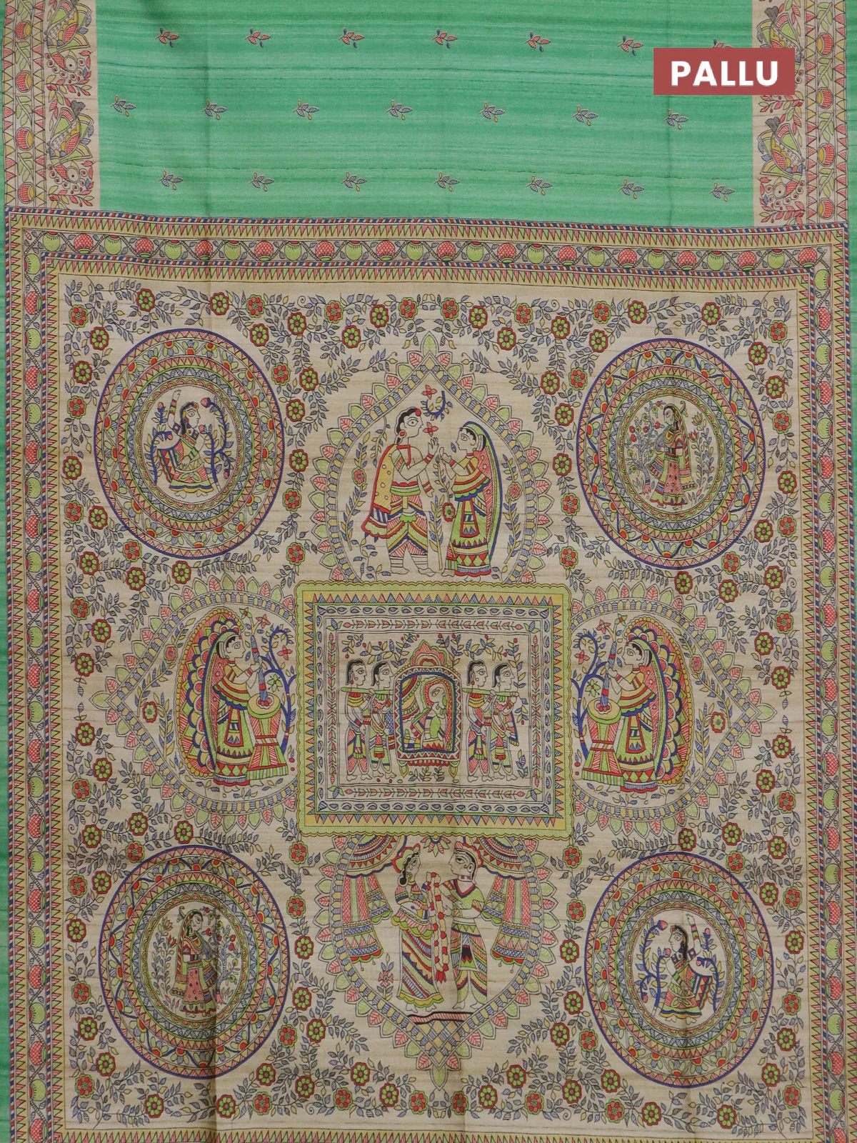Semi tussar saree green and beige with allover butta prints and madhubani printed pallu & border - Image 3