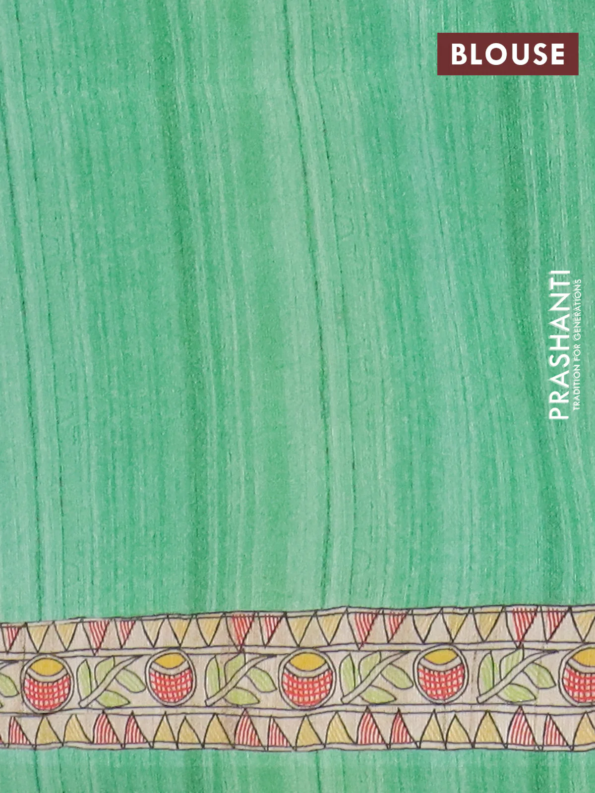 Semi tussar saree green and beige with allover butta prints and madhubani printed pallu & border - Image 4