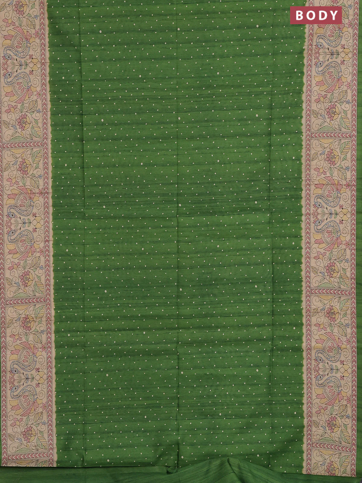 Semi tussar saree green and beige with allover butta prints and madhubani printed pallu & border - Image 2