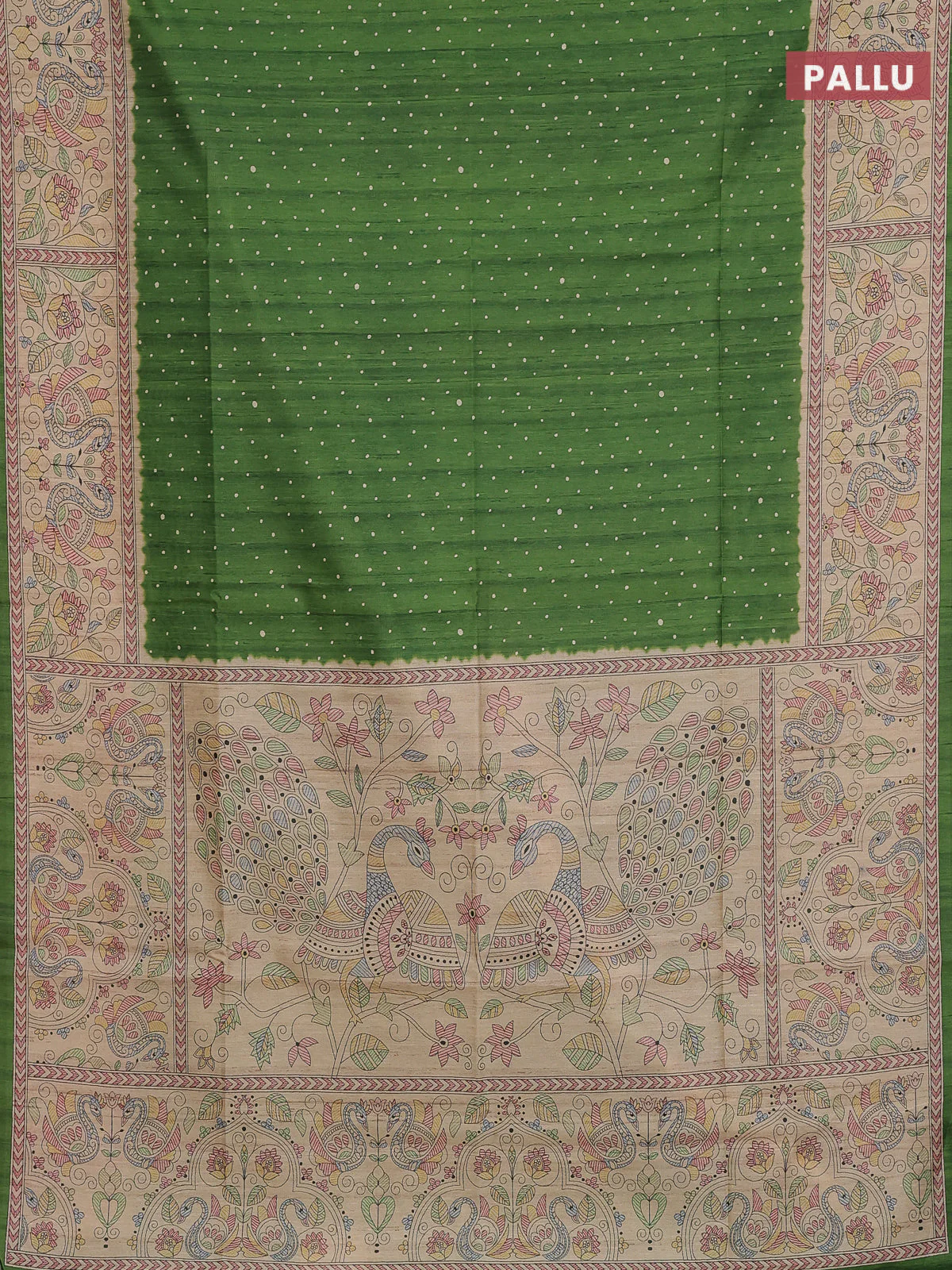 Semi tussar saree green and beige with allover butta prints and madhubani printed pallu & border - Image 3