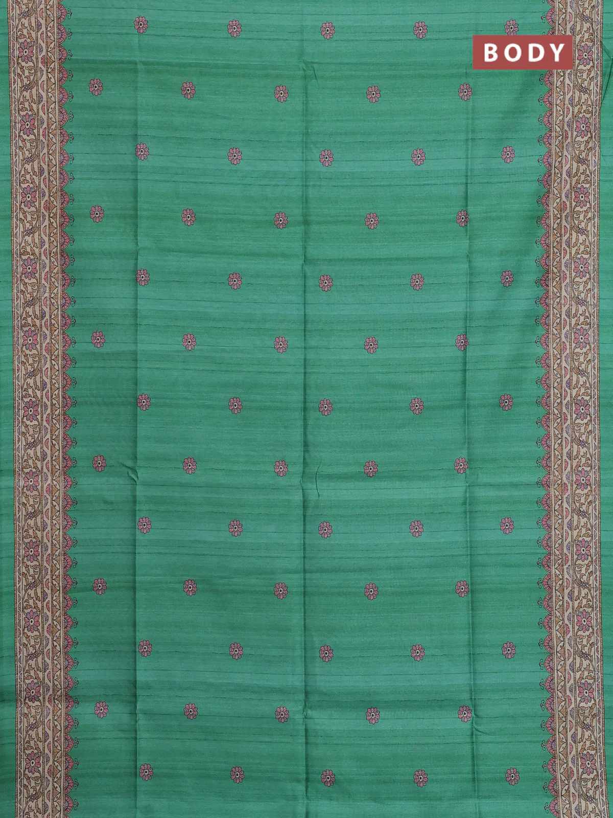 Semi tussar saree green and beige with allover butta prints and madhubani printed pallu & border - Image 2