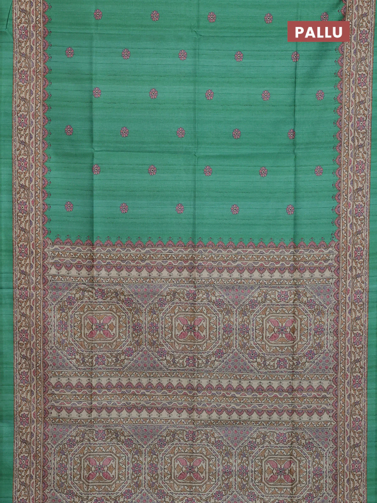 Semi tussar saree green and beige with allover butta prints and madhubani printed pallu & border - Image 3