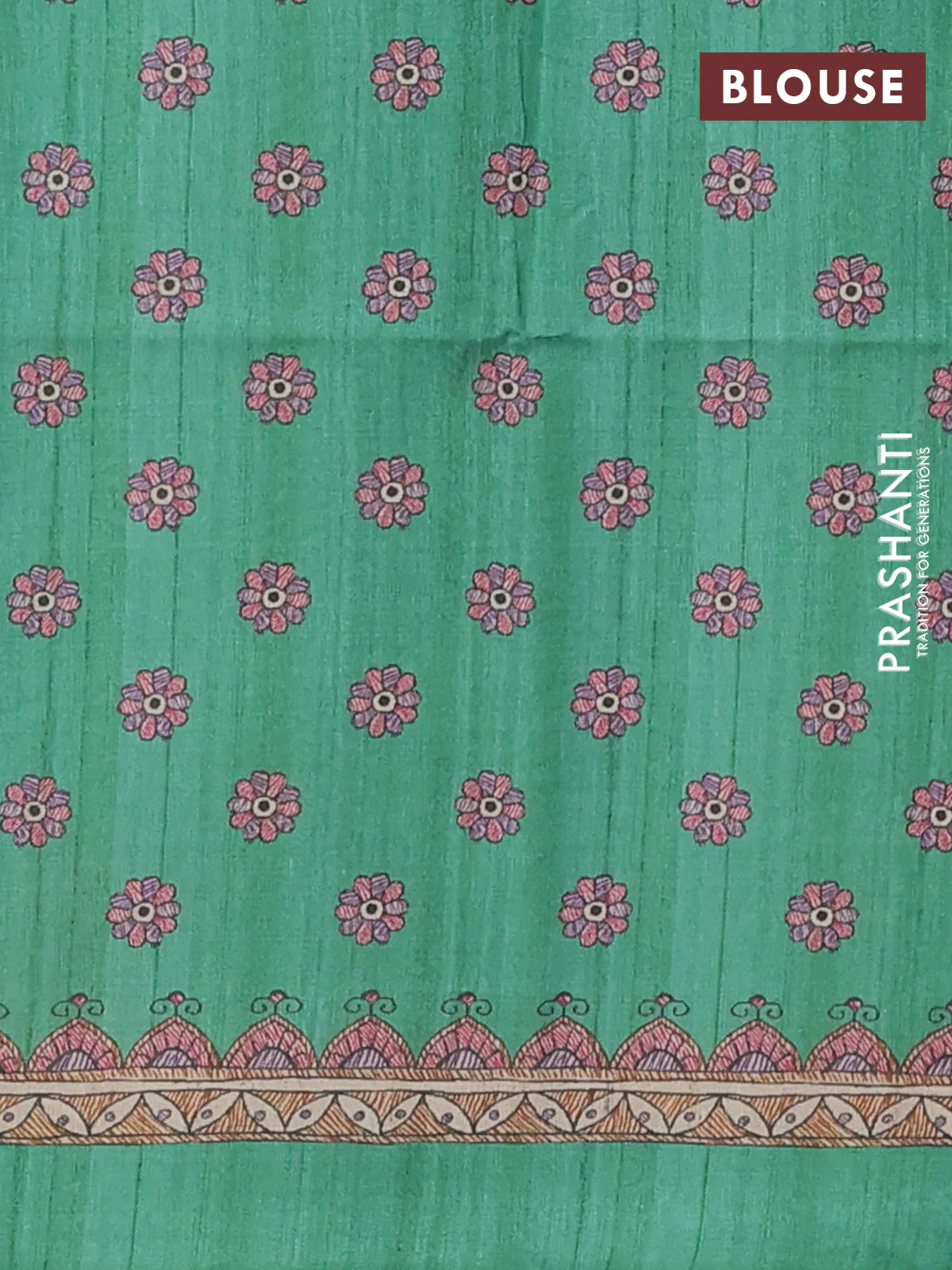 Semi tussar saree green and beige with allover butta prints and madhubani printed pallu & border - Image 4