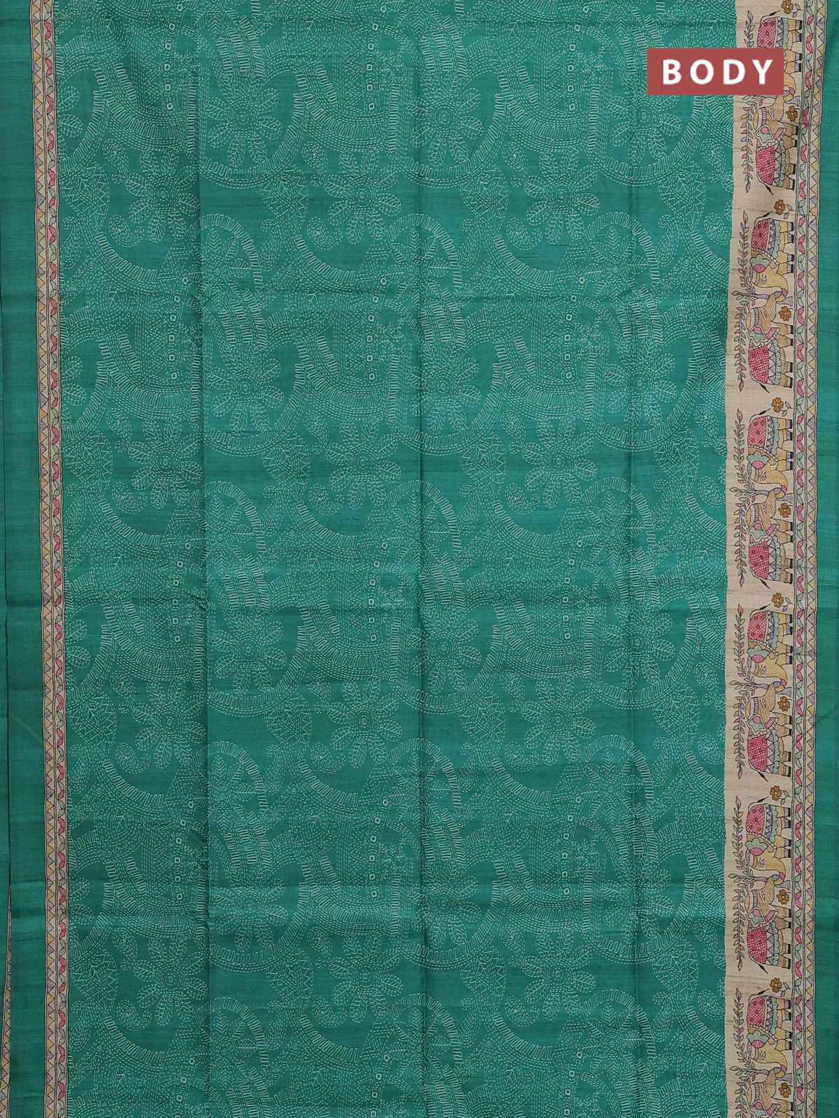 Semi tussar saree green and beige with allover prints and madhubani printed pallu & border - Image 2