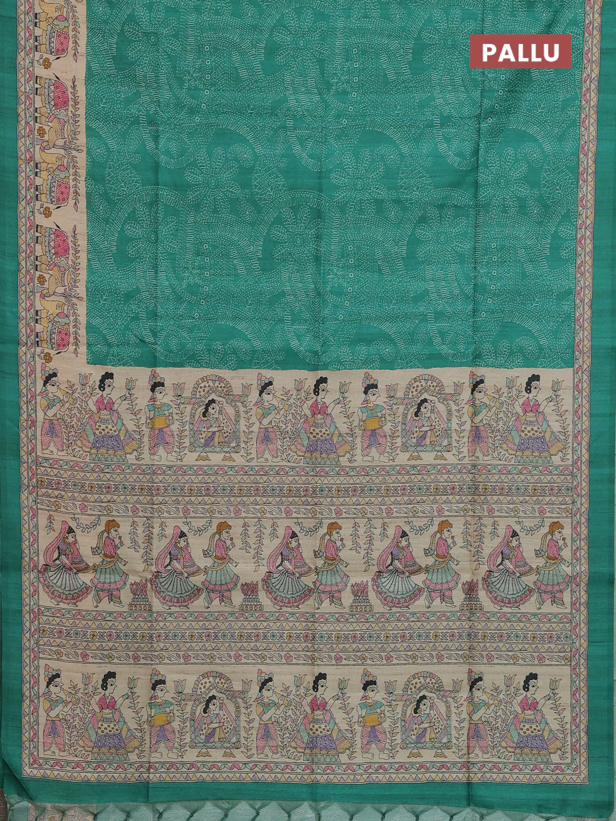 Semi tussar saree green and beige with allover prints and madhubani printed pallu & border - Image 3