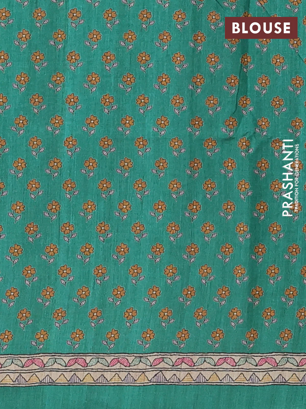 Semi tussar saree green and beige with allover prints and madhubani printed pallu & border - Image 4