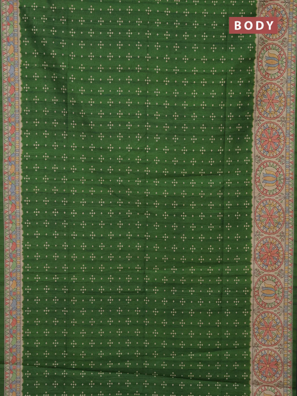 Semi tussar saree green and beige with bandhini butta prints and mandhubani printed pallu - Image 2