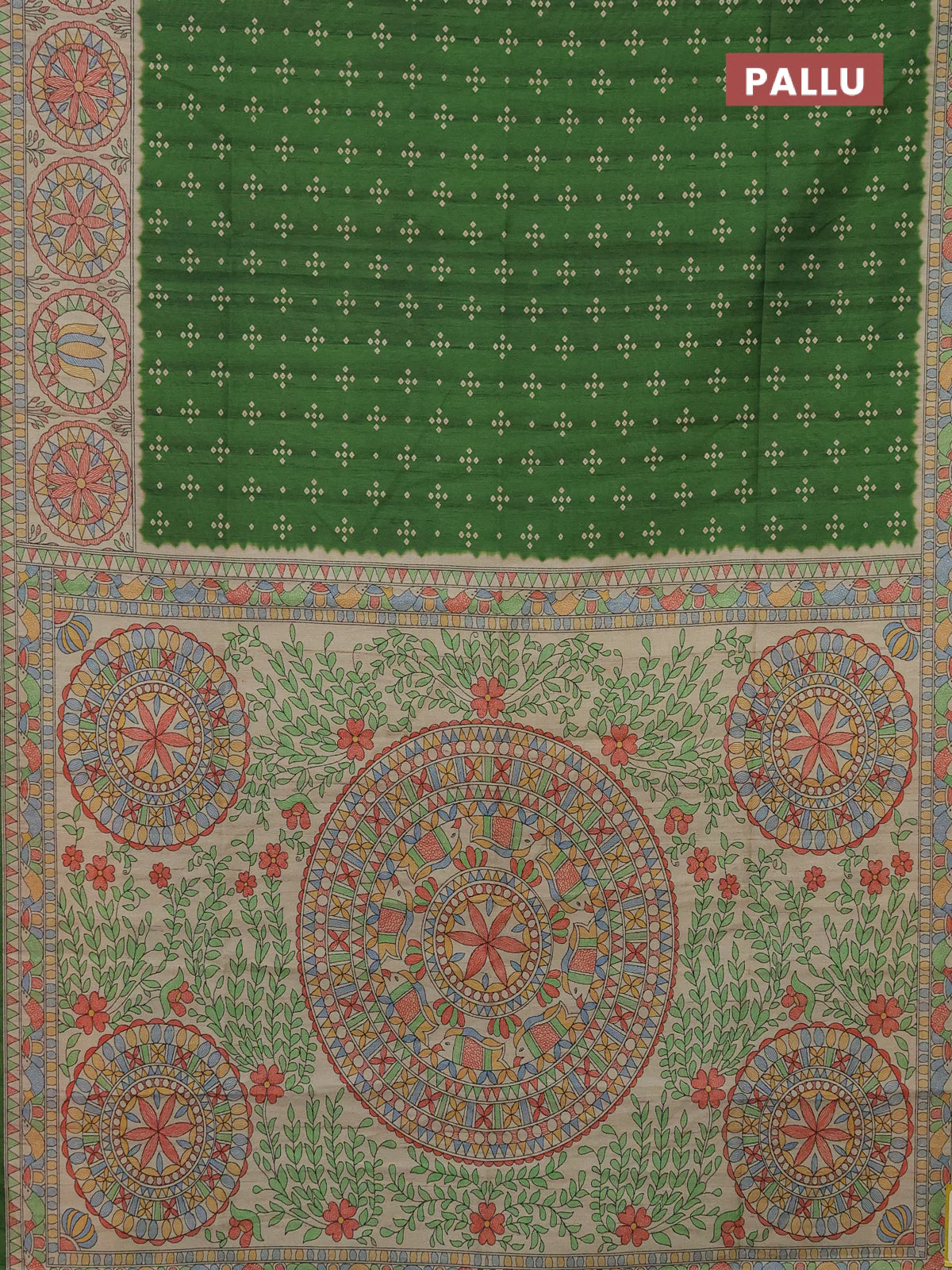 Semi tussar saree green and beige with bandhini butta prints and mandhubani printed pallu - Image 3