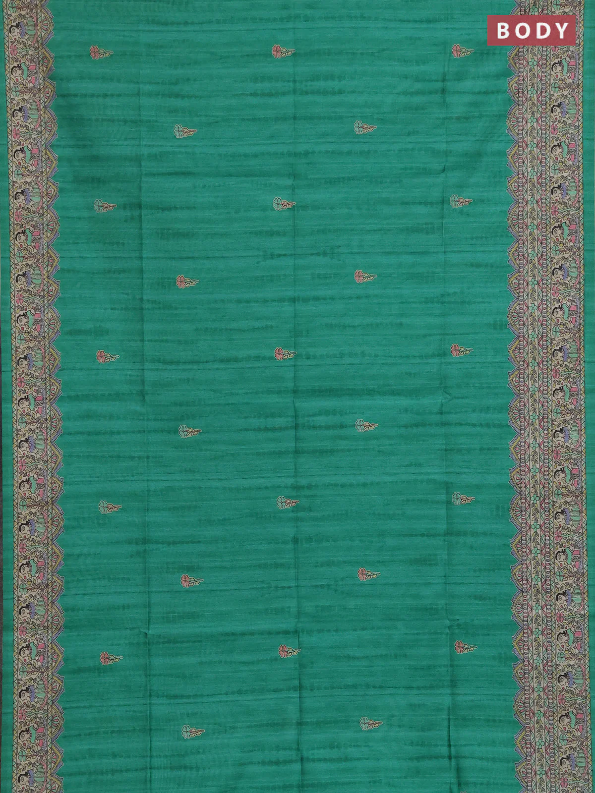 Semi tussar saree green and beige with butta prints and madhubani printed pallu & border - Image 2