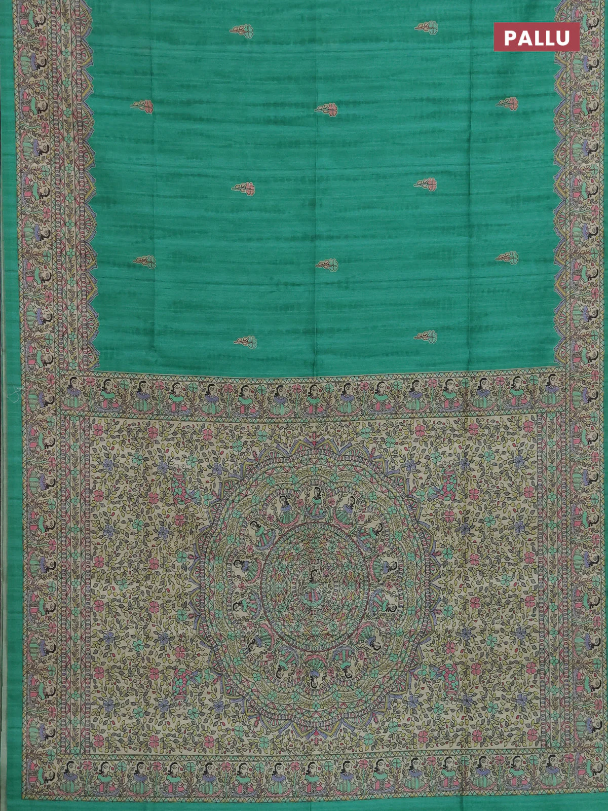 Semi tussar saree green and beige with butta prints and madhubani printed pallu & border - Image 3