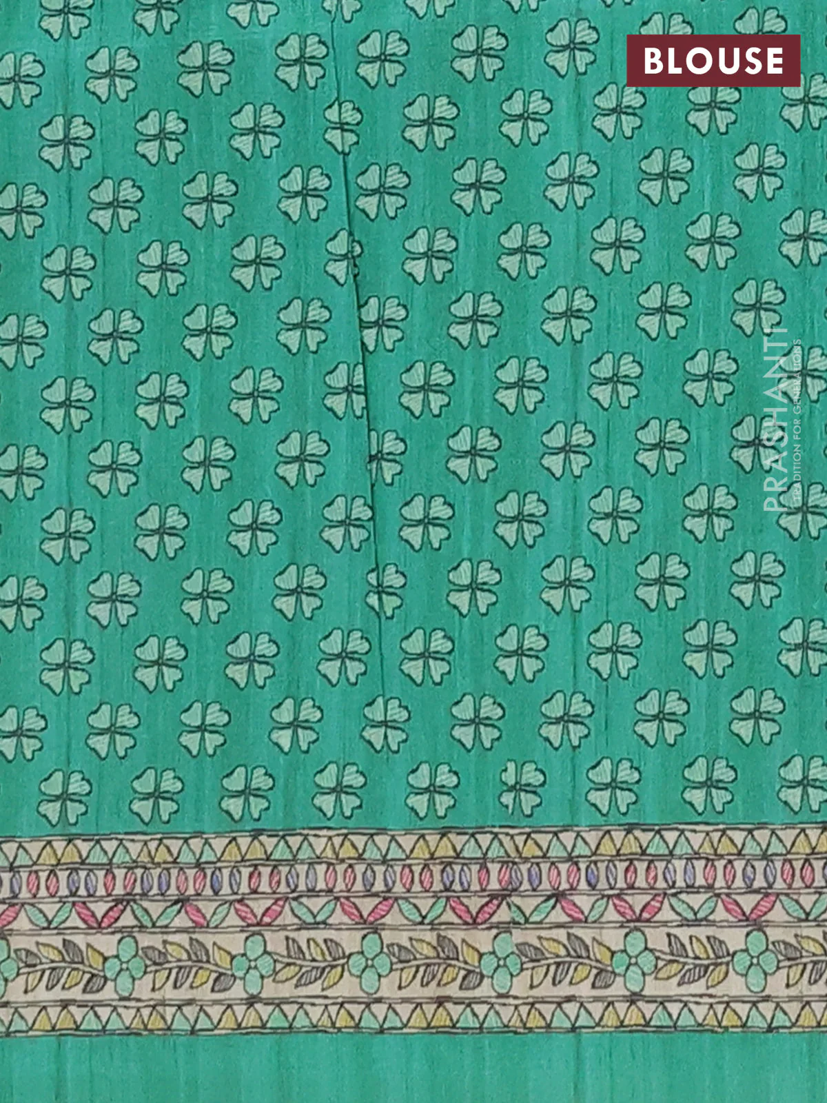 Semi tussar saree green and beige with butta prints and madhubani printed pallu & border - Image 4