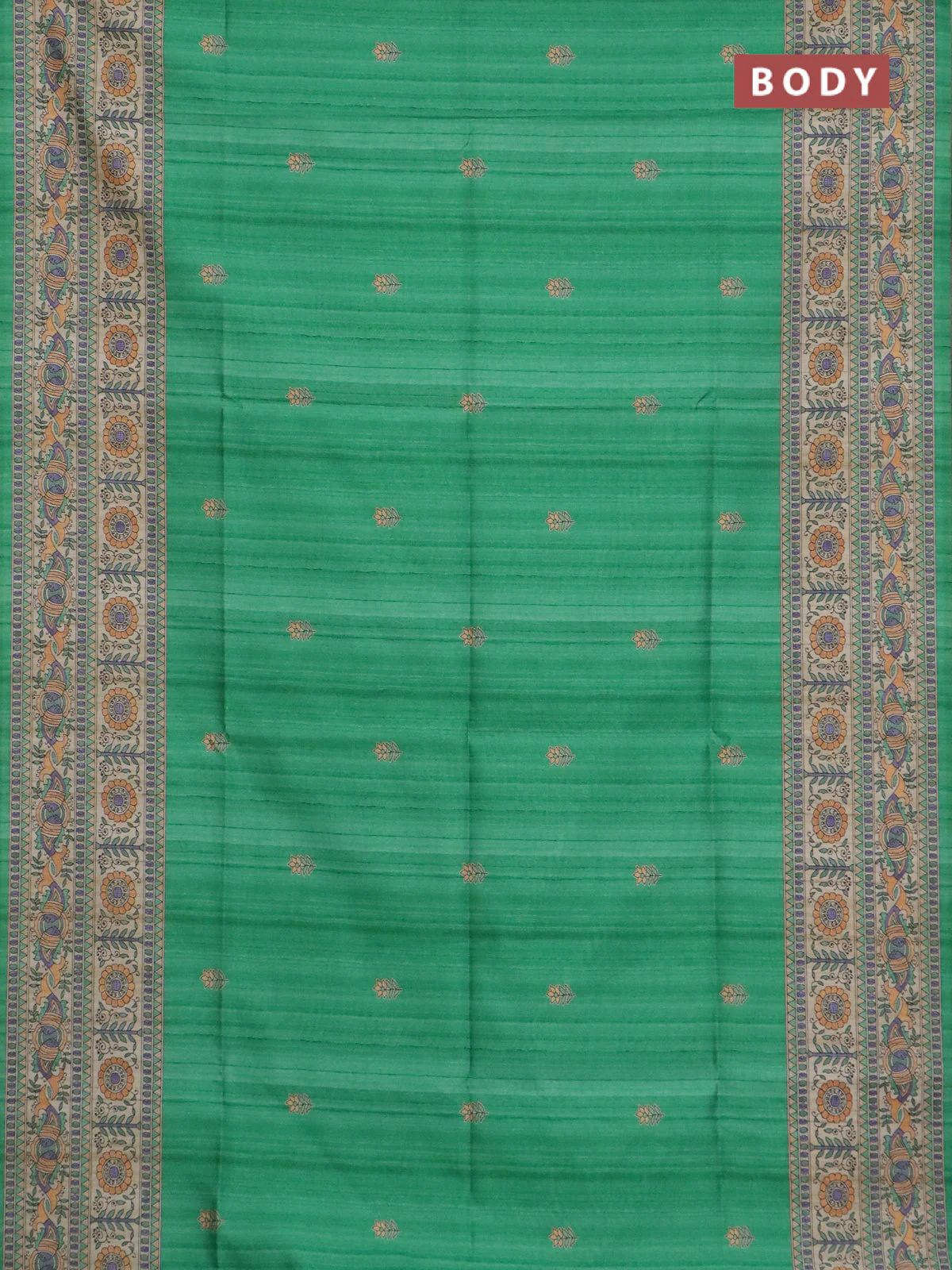 Semi tussar saree green and beige with butta prints and madhubani printed pallu & border - Image 2