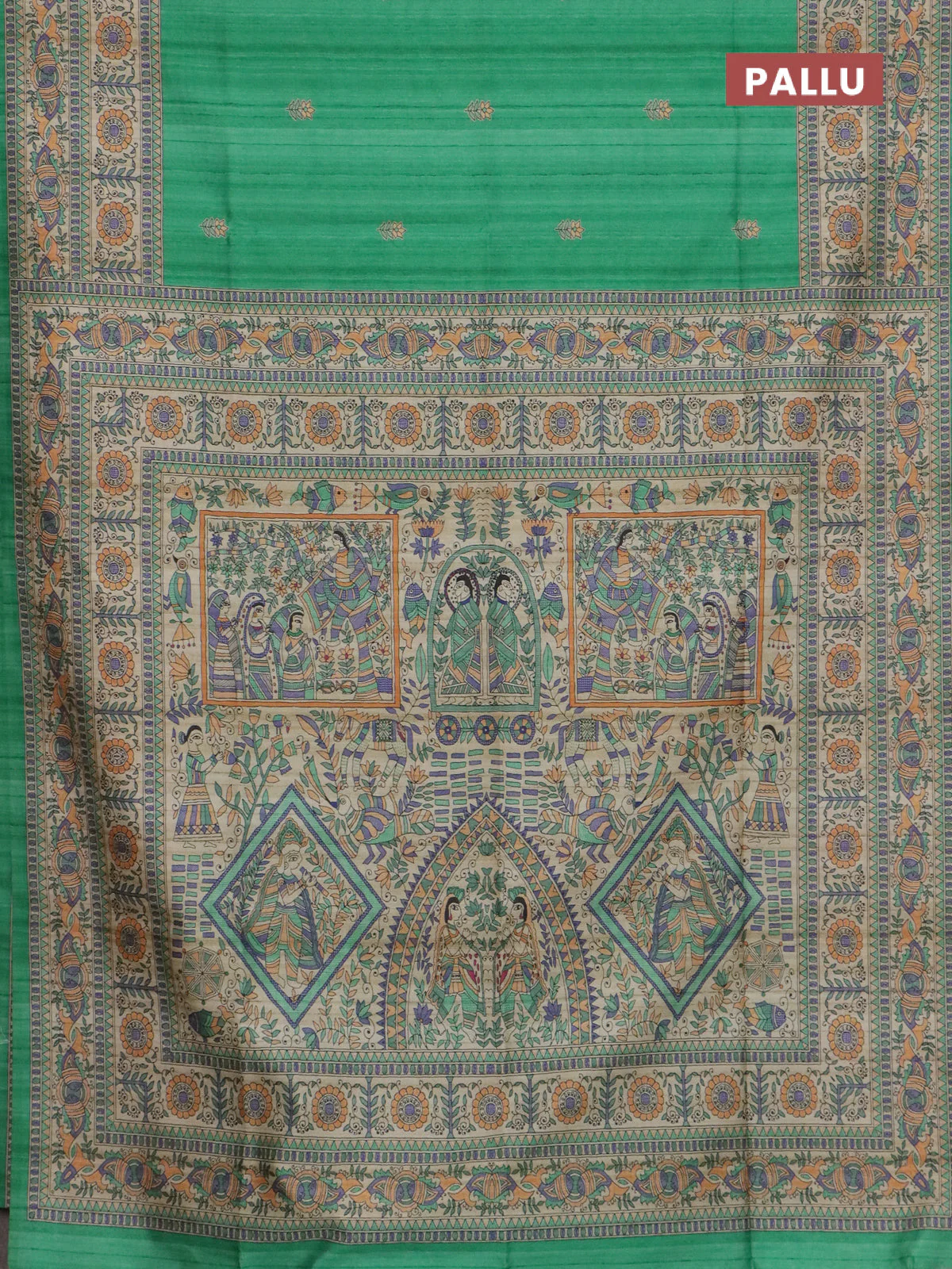 Semi tussar saree green and beige with butta prints and madhubani printed pallu & border - Image 3