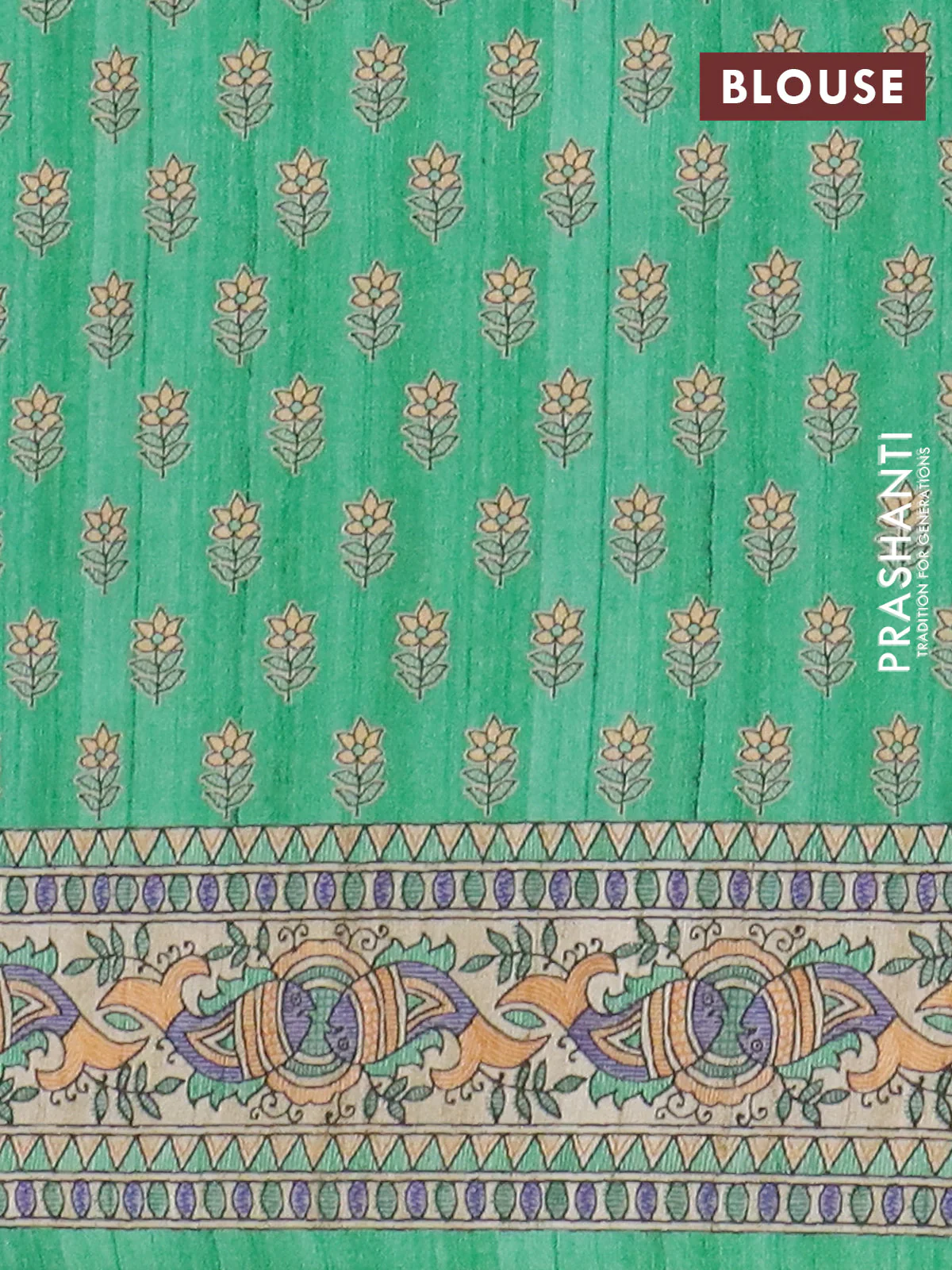 Semi tussar saree green and beige with butta prints and madhubani printed pallu & border - Image 4