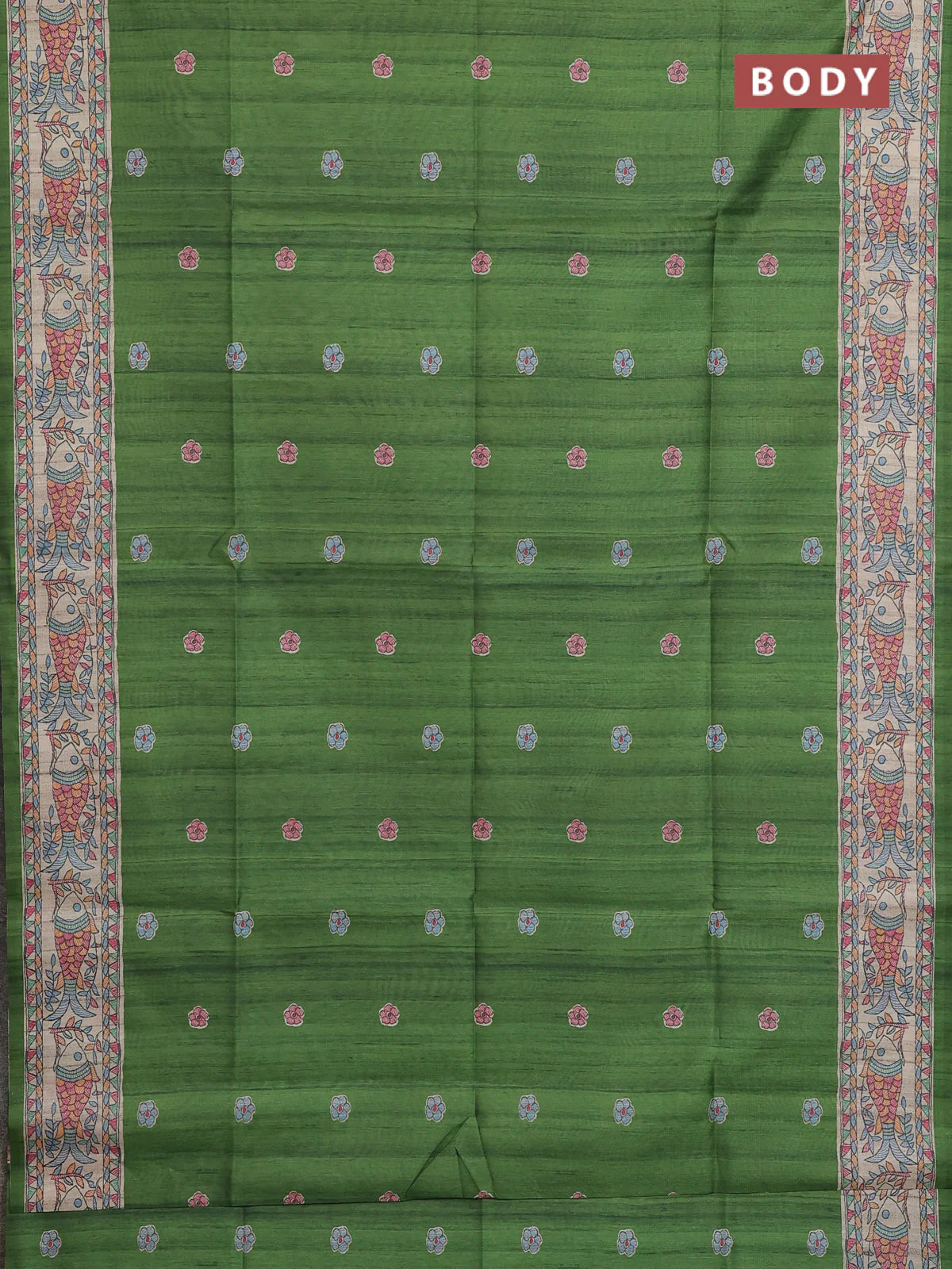 Semi tussar saree green and beige with butta prints and madhubani printed pallu & border - Image 2