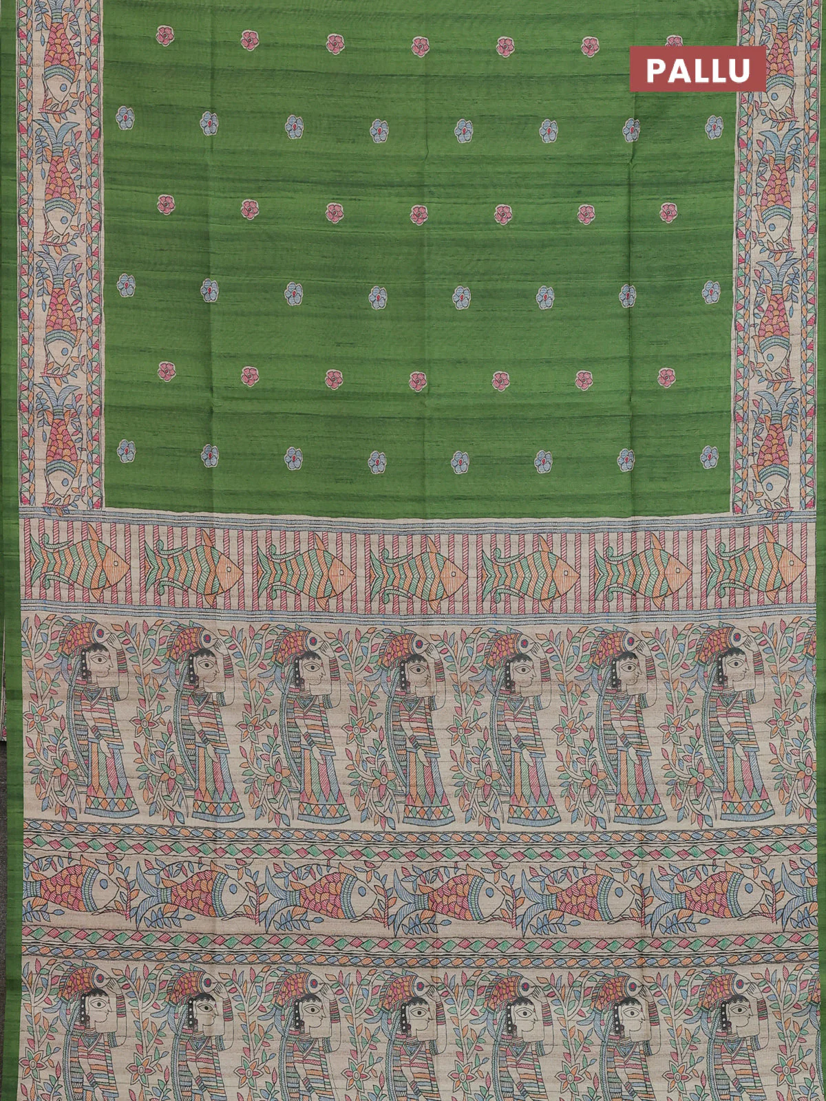 Semi tussar saree green and beige with butta prints and madhubani printed pallu & border - Image 3