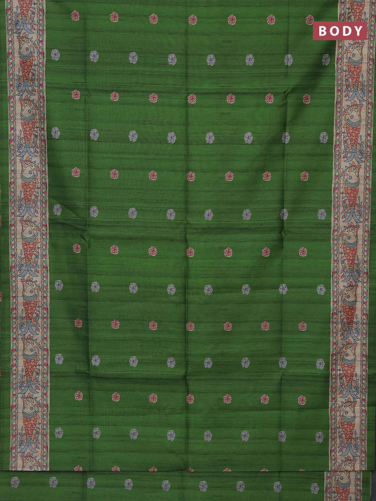 Semi tussar saree green and beige with butta prints and madhubani printed pallu - Image 2