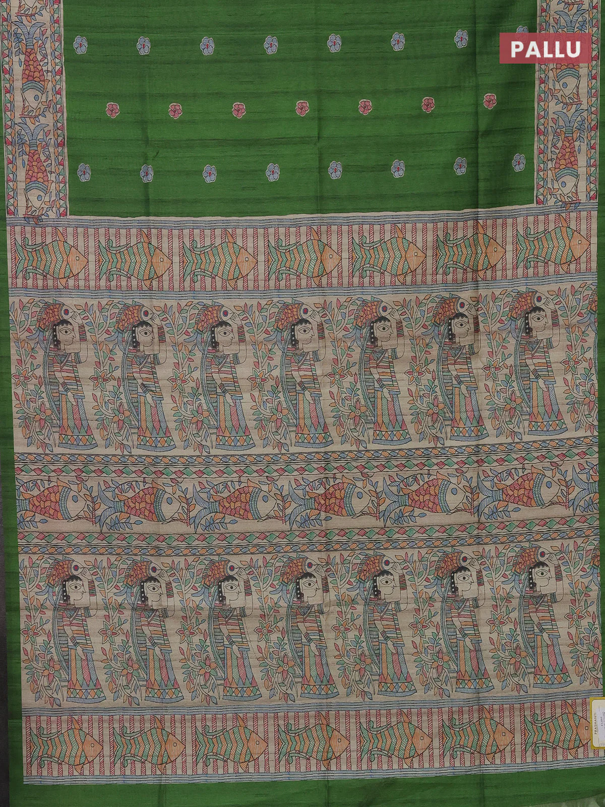 Semi tussar saree green and beige with butta prints and madhubani printed pallu - Image 3