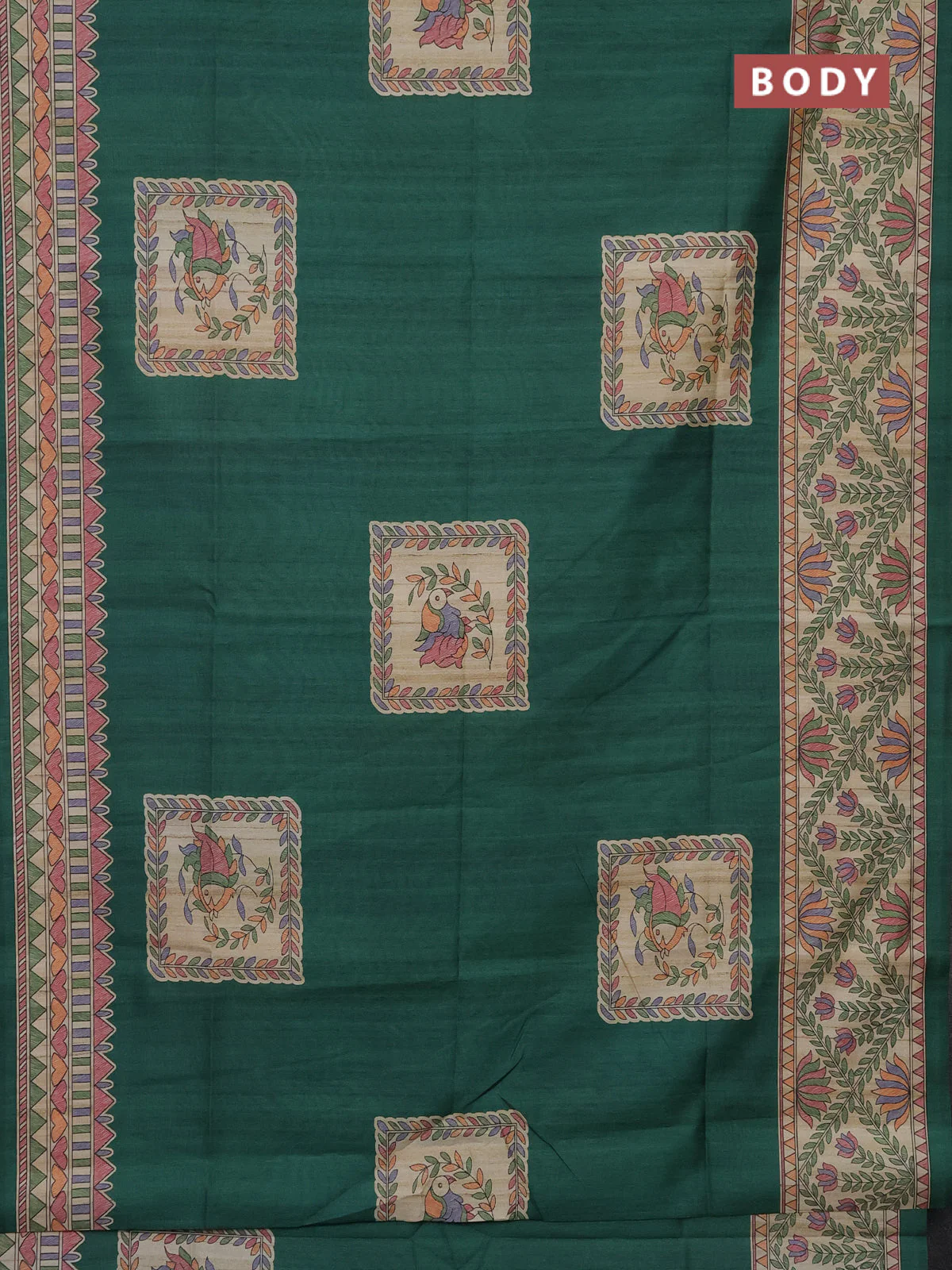 Semi tussar saree green and beige with madhubani prints and printed border - Image 2