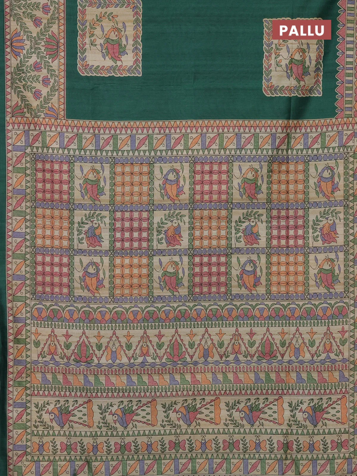 Semi tussar saree green and beige with madhubani prints and printed border - Image 3