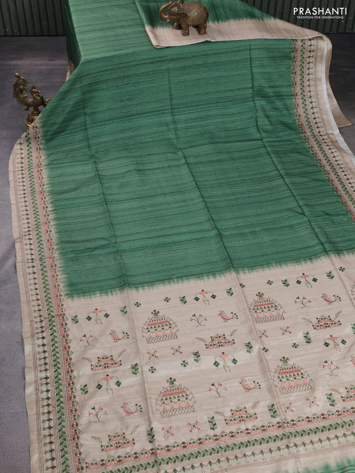 Semi tussar saree green and beige with plain body and embroidery pallu & border - Image 2