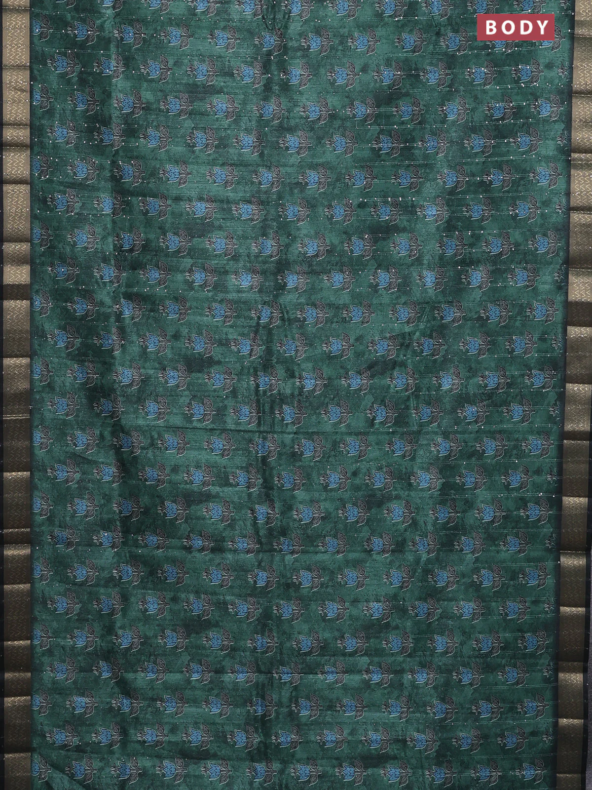 Semi tussar saree green and black with floral butta prints & sequin work and zari woven border - Image 2