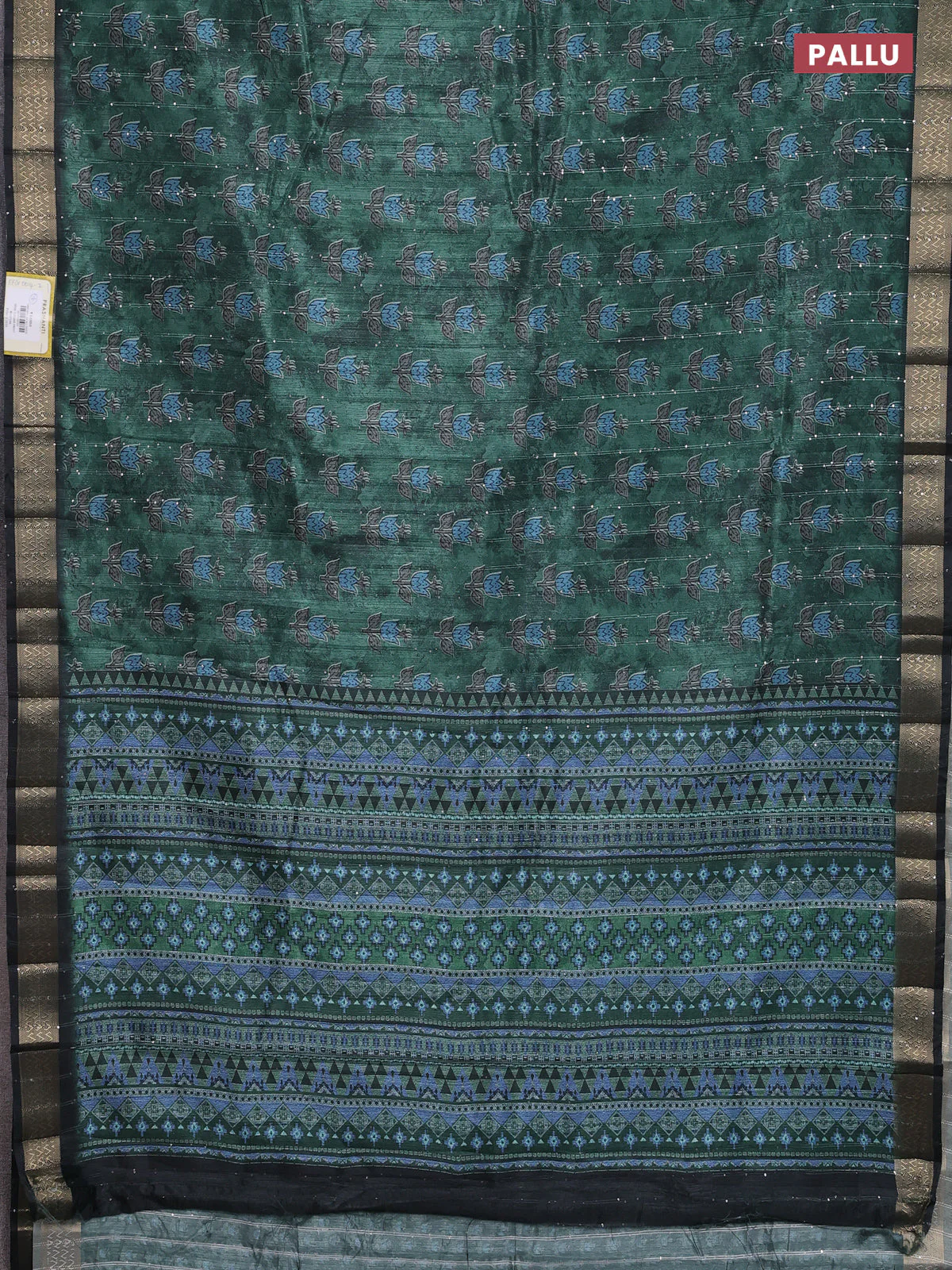 Semi tussar saree green and black with floral butta prints & sequin work and zari woven border - Image 3