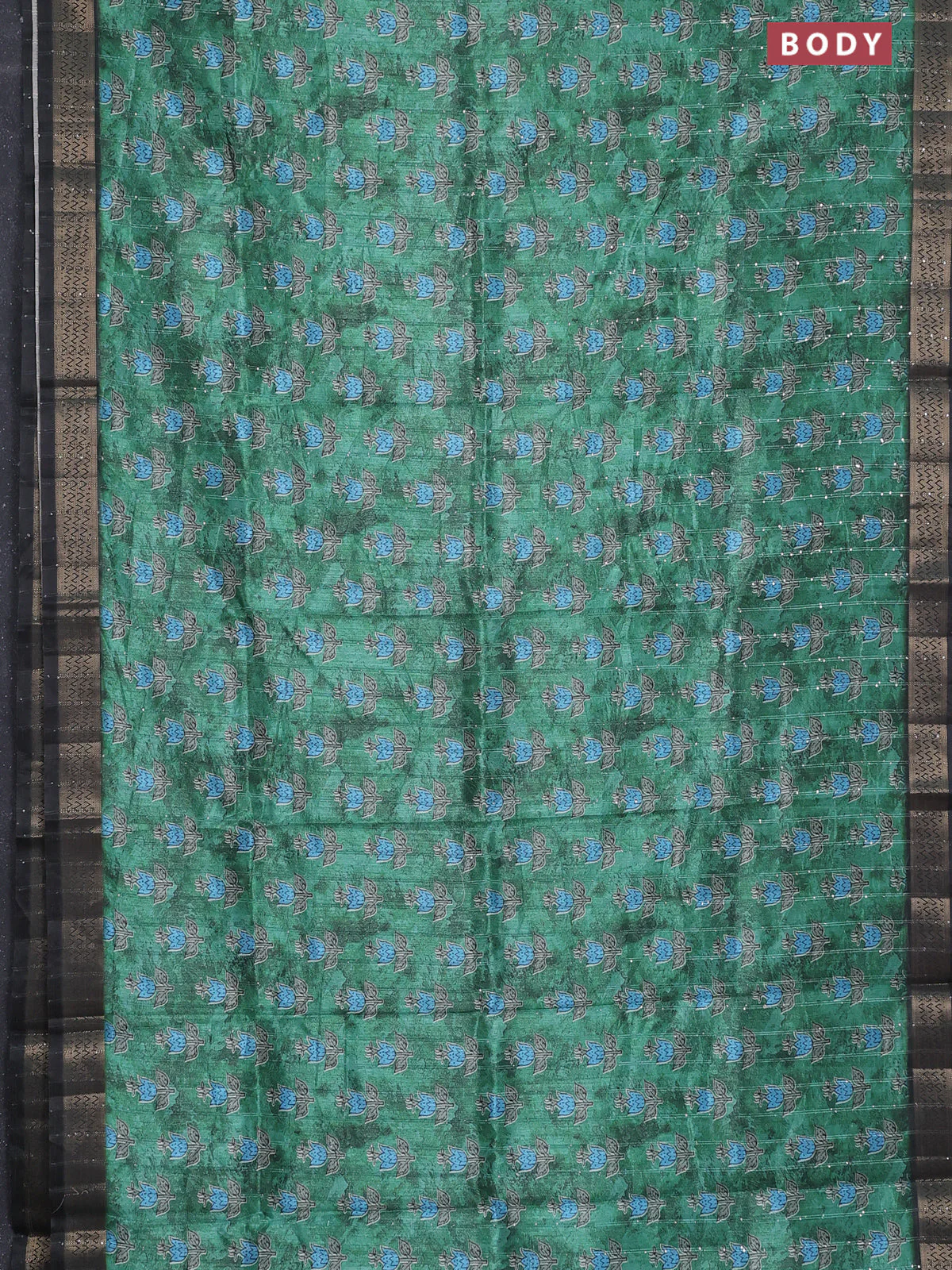 Semi tussar saree green and black with floral butta prints & sequin work and zari woven border - Image 2