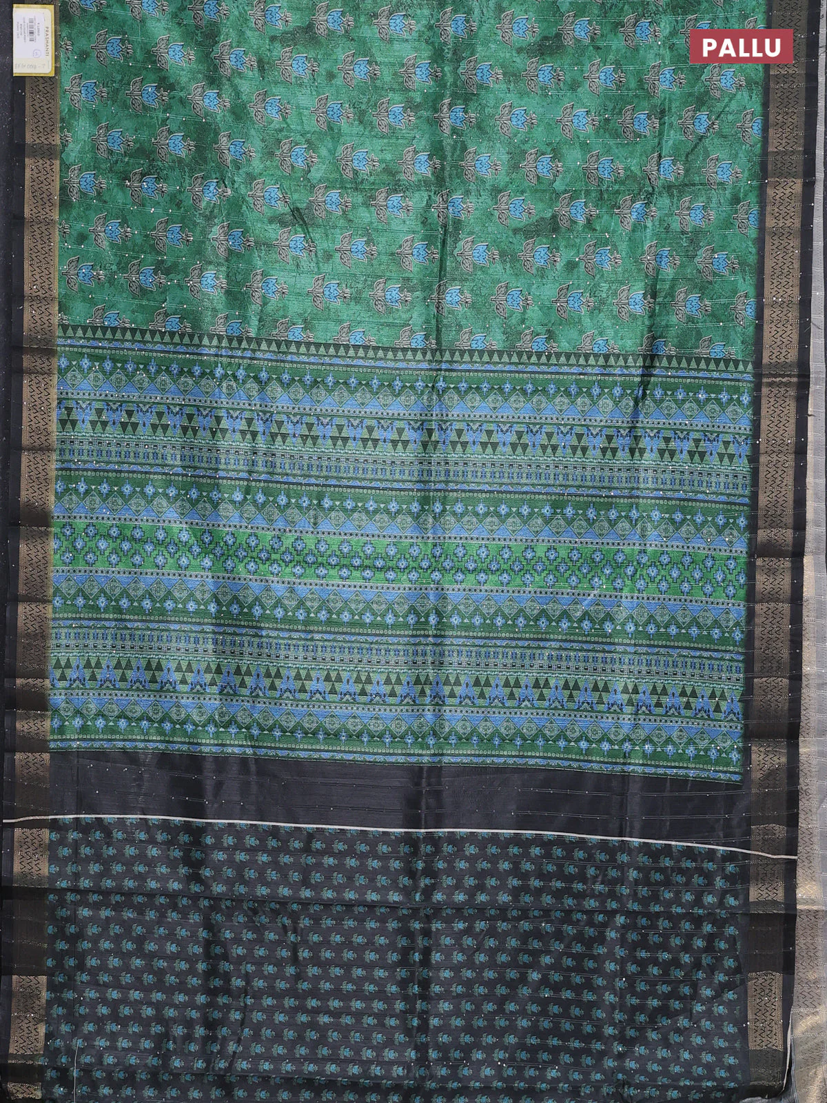 Semi tussar saree green and black with floral butta prints & sequin work and zari woven border - Image 3
