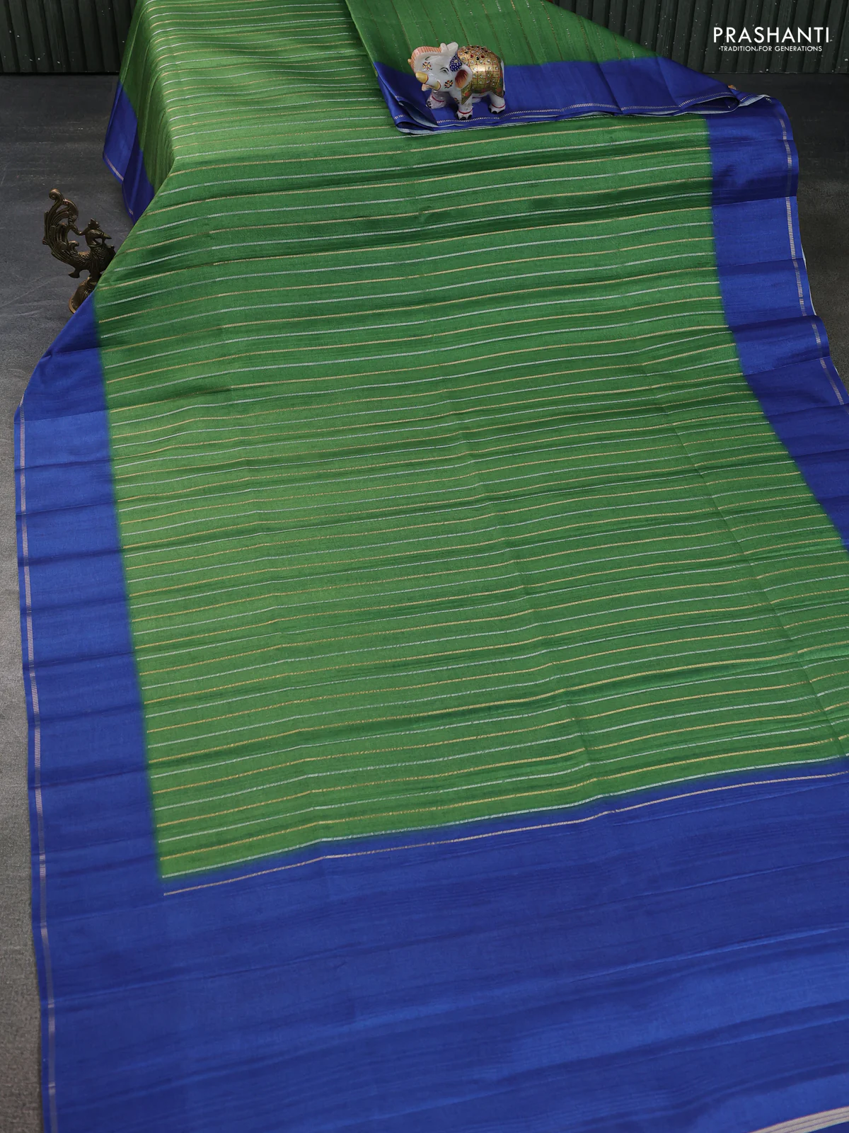 Semi tussar saree green and blue with allover silver & gold zari weaves and simple zari border - Image 2