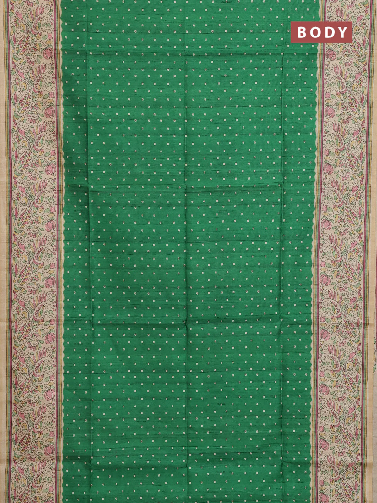 Semi tussar saree green and cream with allover bandhani prints and madhubani printed pallu & border - Image 2