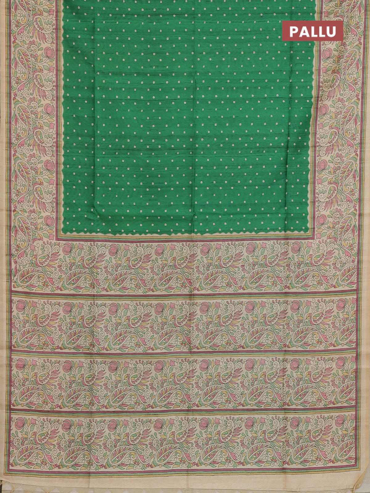 Semi tussar saree green and cream with allover bandhani prints and madhubani printed pallu & border - Image 3