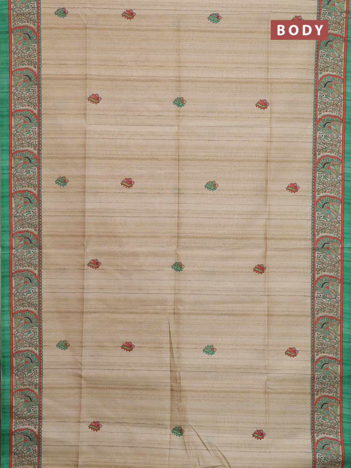 Semi tussar saree green and cream with allover butta prints and madhubani printed pallu & border - Image 2