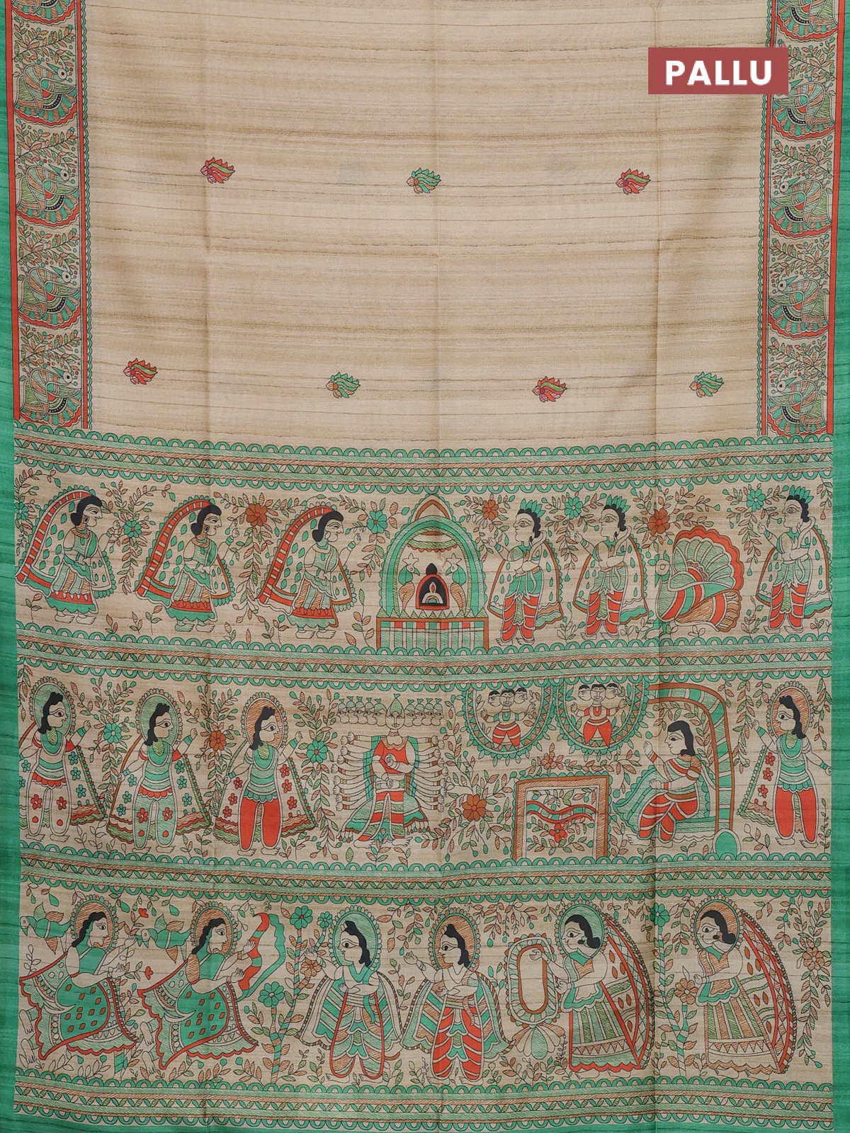 Semi tussar saree green and cream with allover butta prints and madhubani printed pallu & border - Image 3