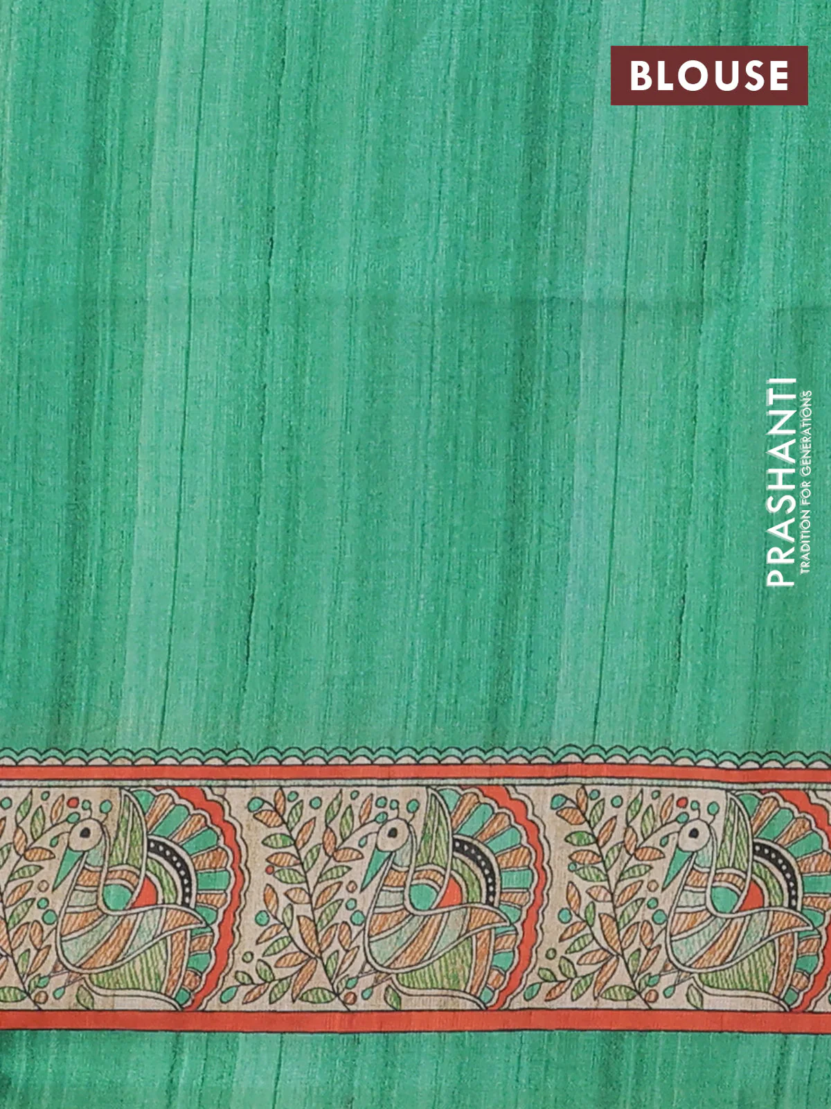 Semi tussar saree green and cream with allover butta prints and madhubani printed pallu & border - Image 4