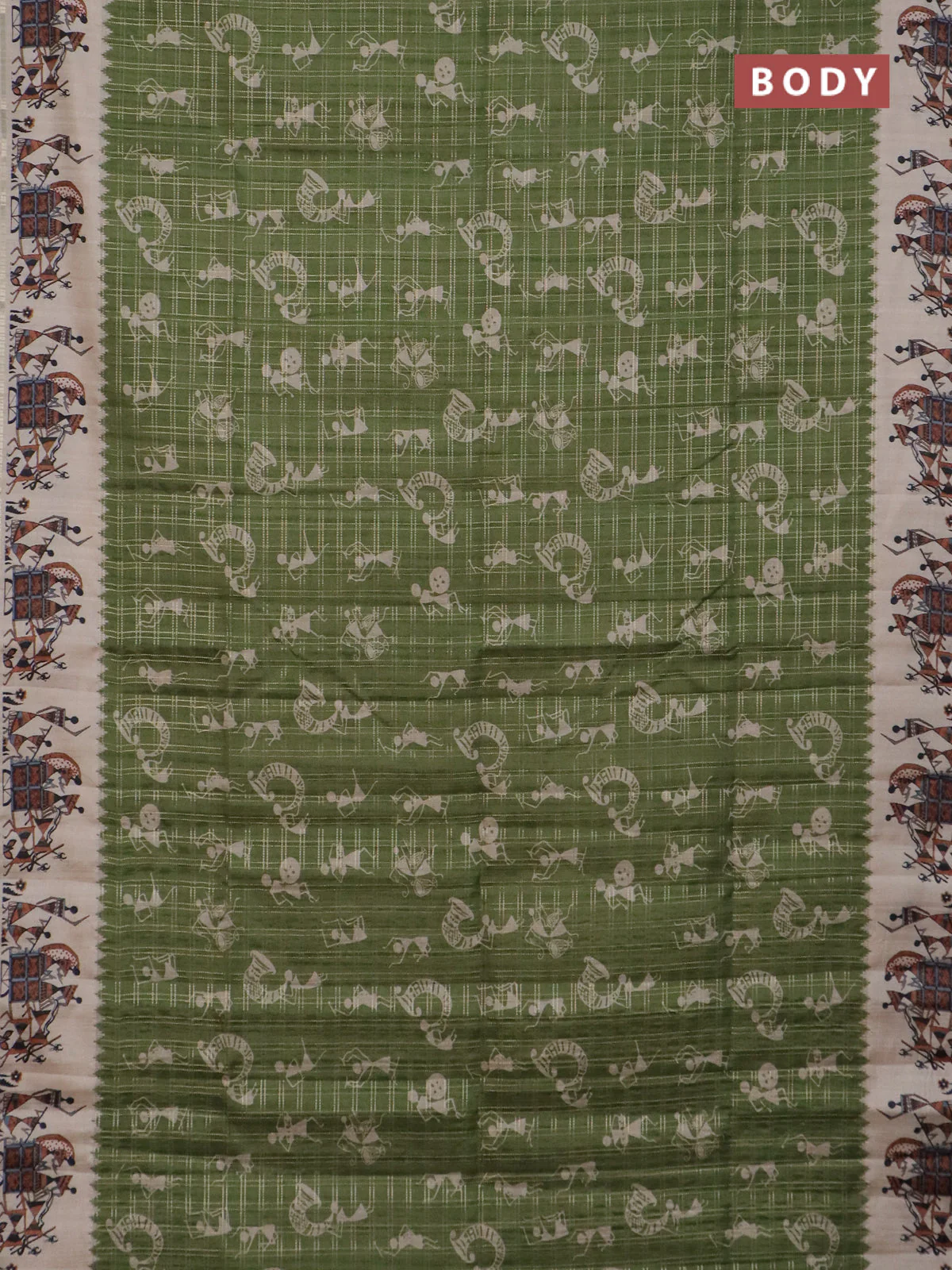 Semi tussar saree green and cream with allover kalamkari prints and zari woven border - Image 2
