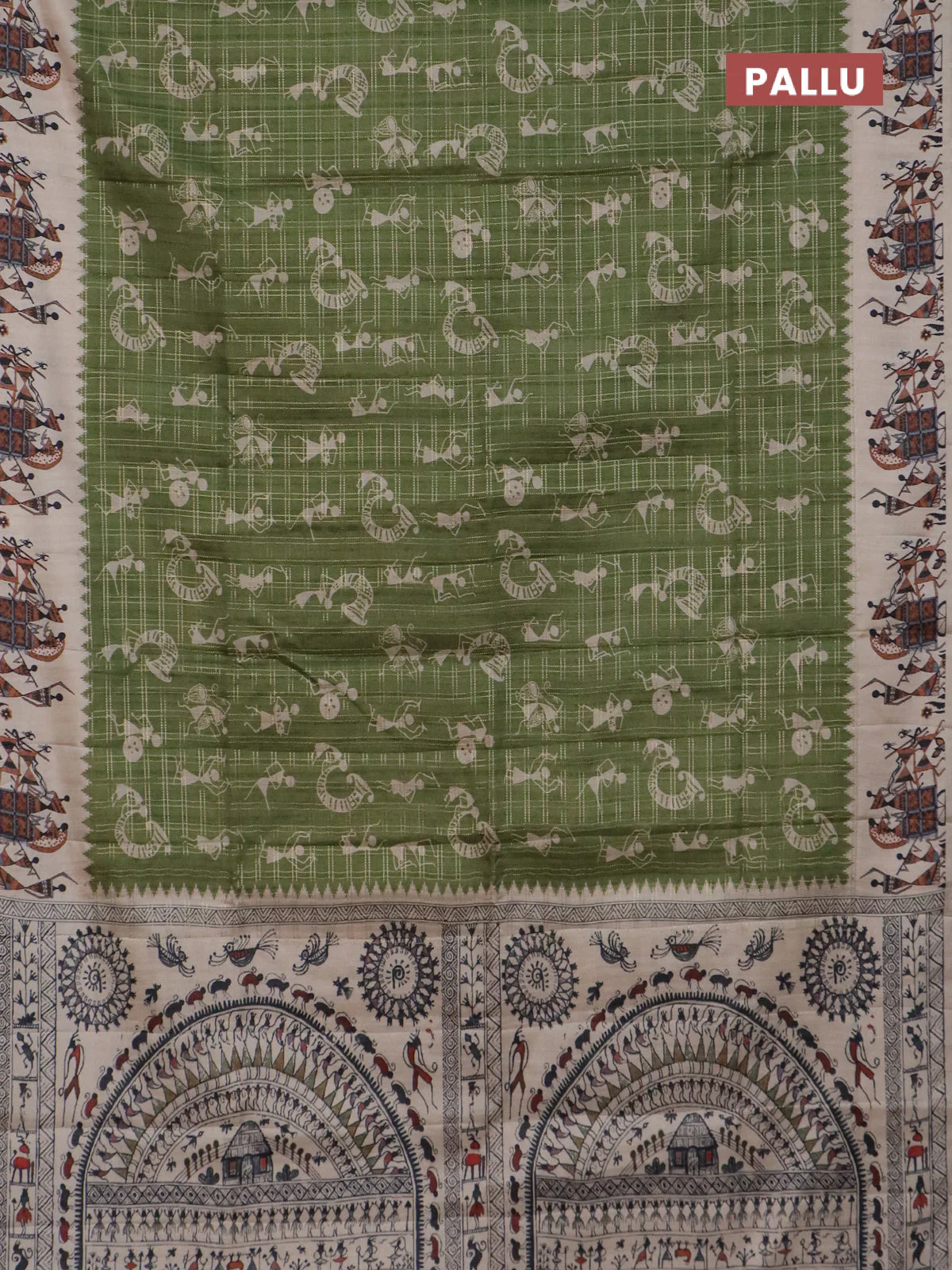 Semi tussar saree green and cream with allover kalamkari prints and zari woven border - Image 3