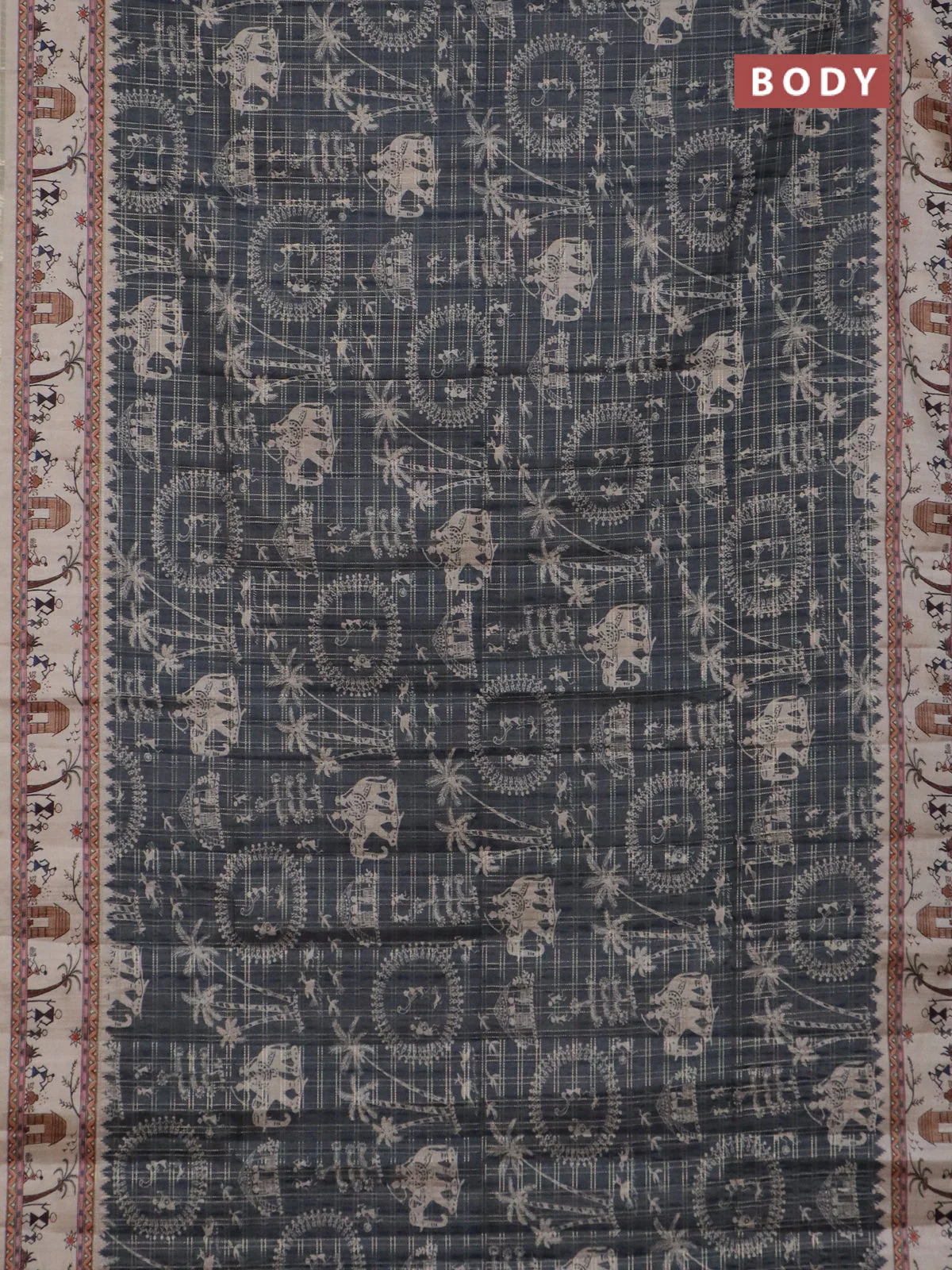 Semi tussar saree green and cream with allover zari checks & warli prints  and printed border - Image 2