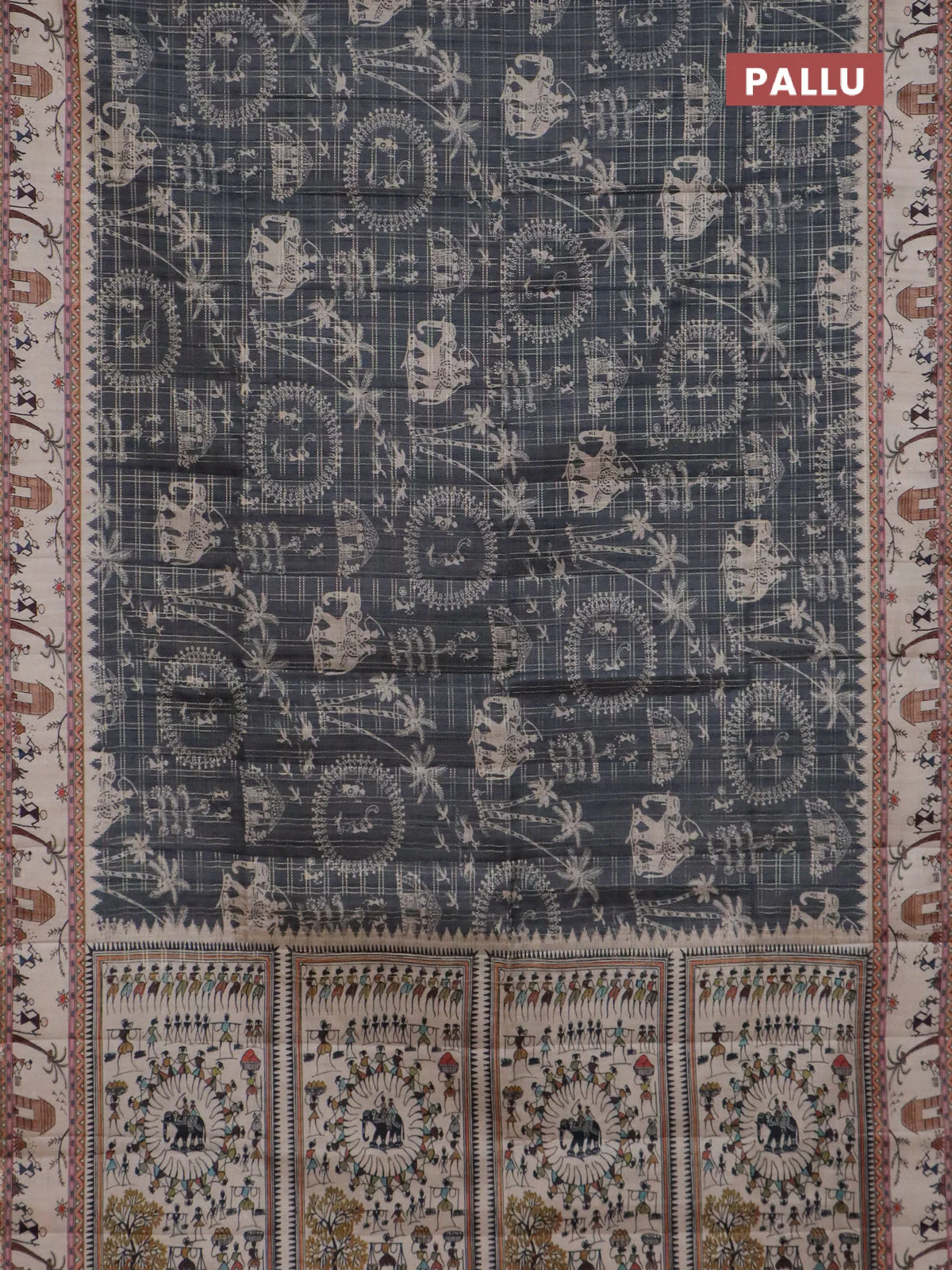 Semi tussar saree green and cream with allover zari checks & warli prints  and printed border - Image 3