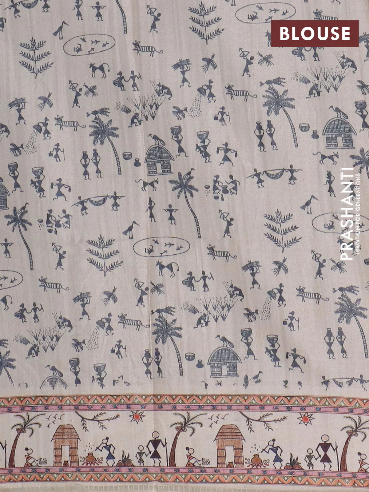 Semi tussar saree green and cream with allover zari checks & warli prints  and printed border - Image 4