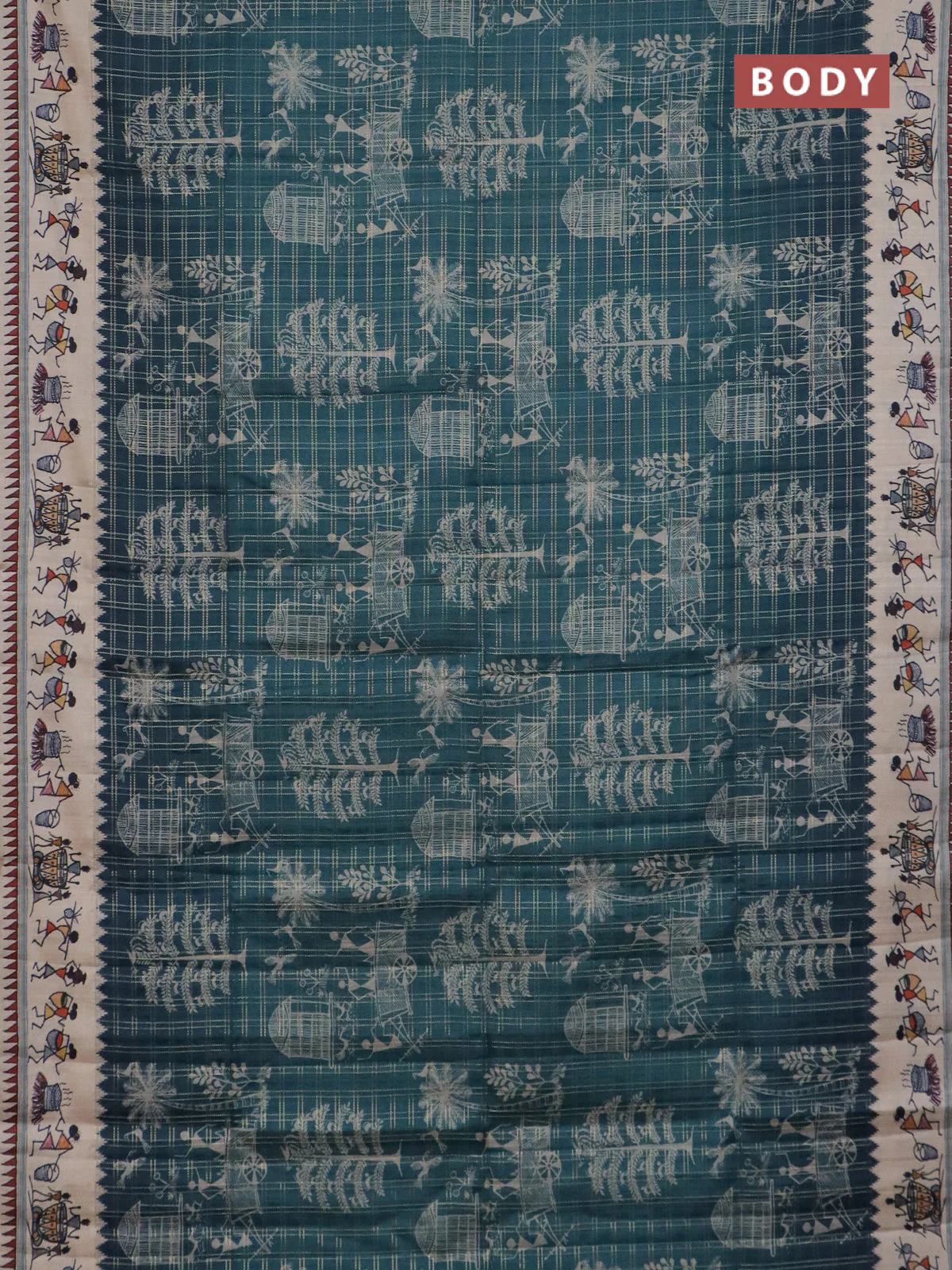 Semi tussar saree green and cream with allover zari checks & warli prints  and printed border - Image 2