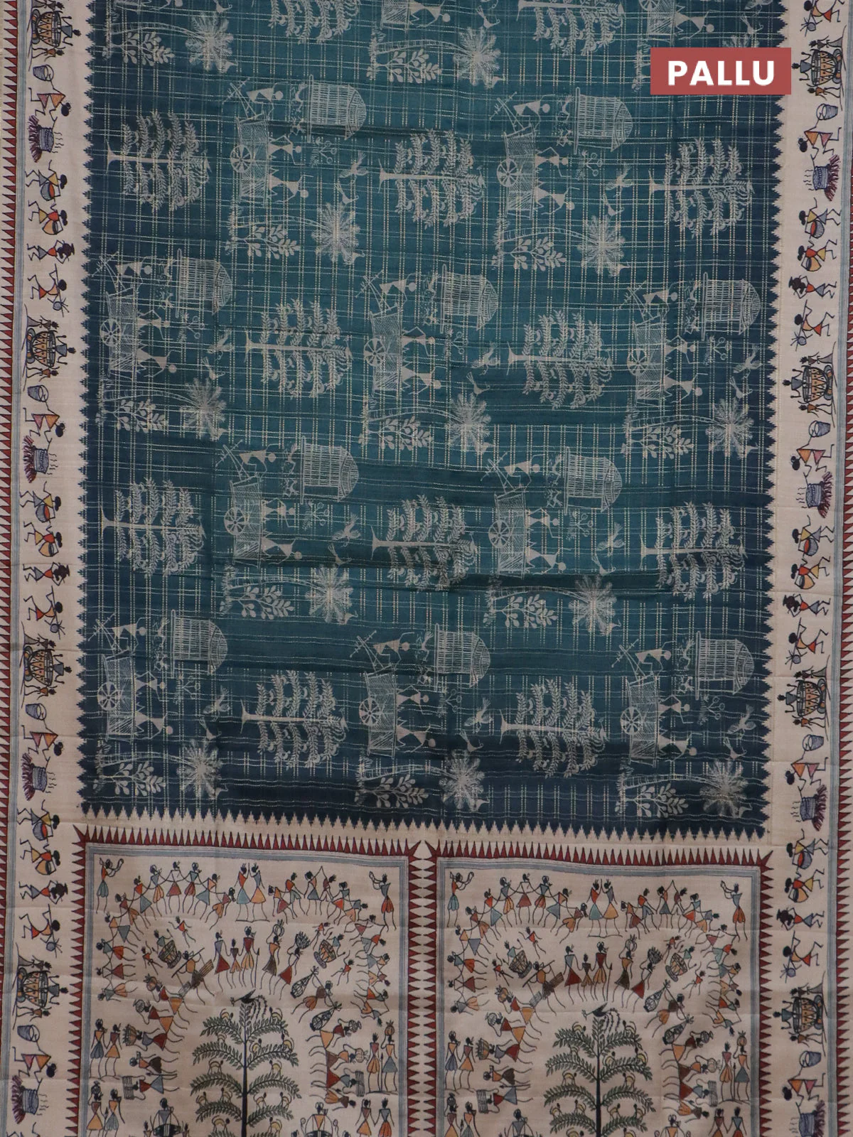Semi tussar saree green and cream with allover zari checks & warli prints  and printed border - Image 3