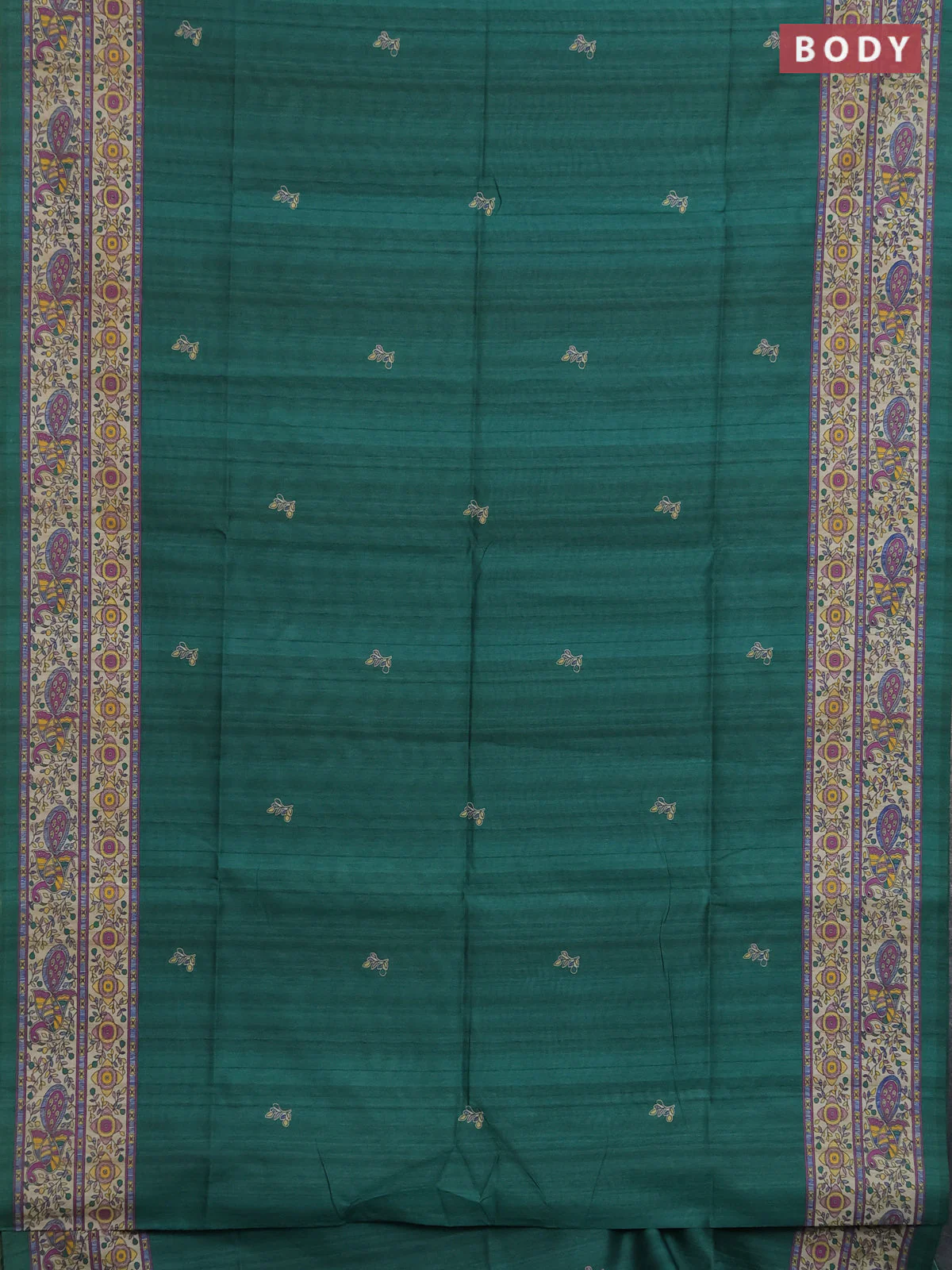 Semi tussar saree green and cream with butta prints and madhubani printed pallu & border - Image 2