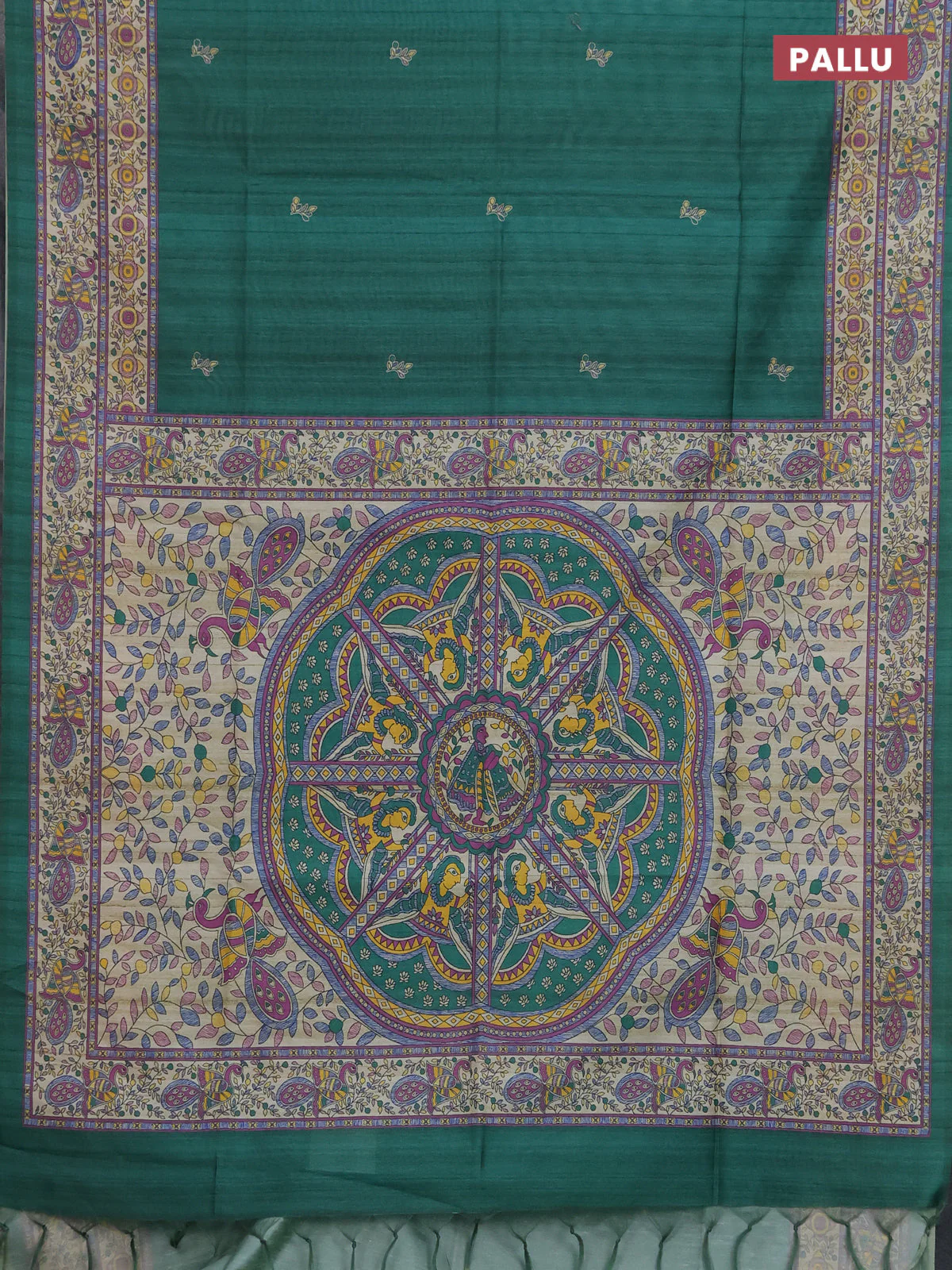 Semi tussar saree green and cream with butta prints and madhubani printed pallu & border - Image 3