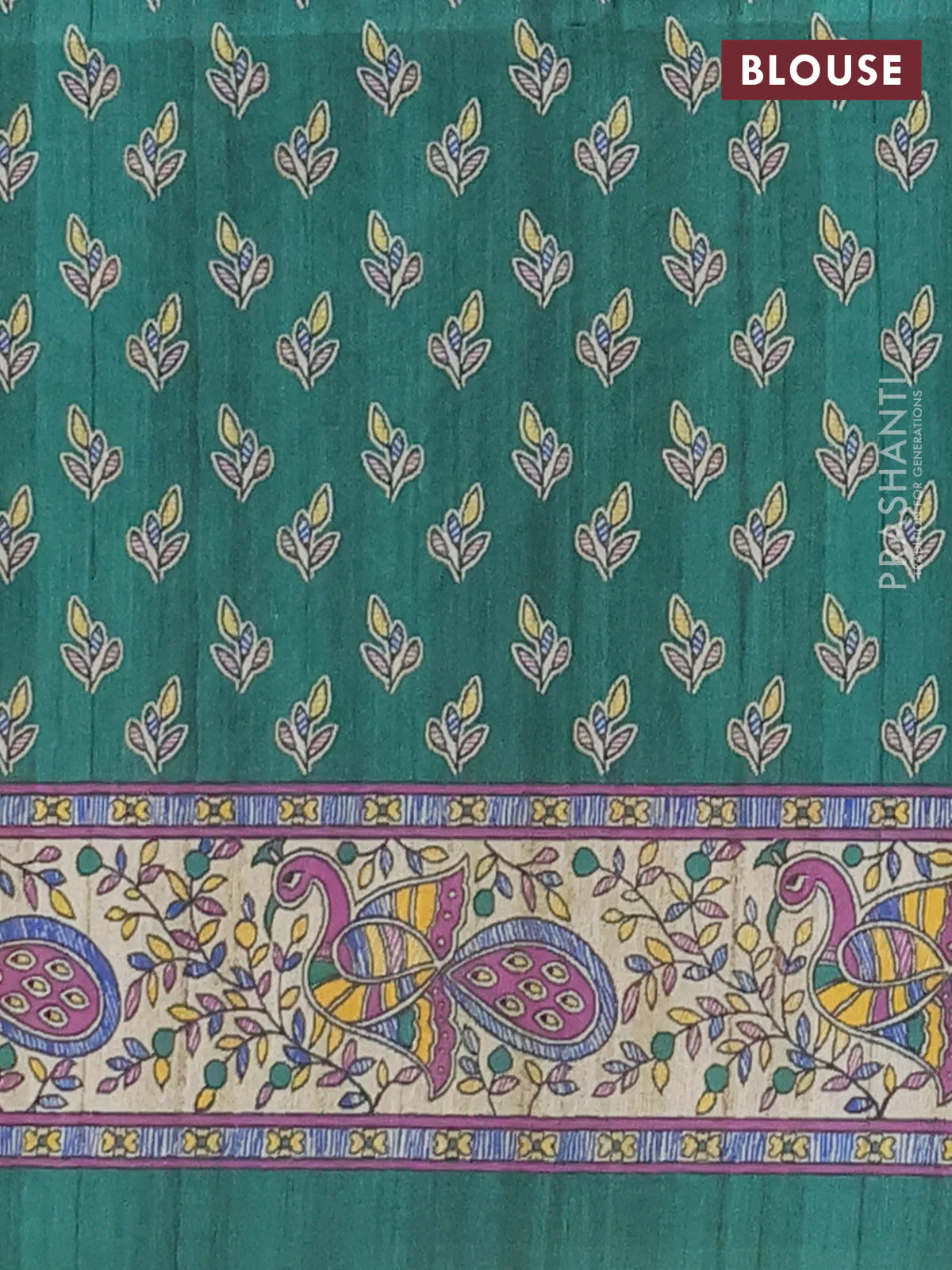 Semi tussar saree green and cream with butta prints and madhubani printed pallu & border - Image 4