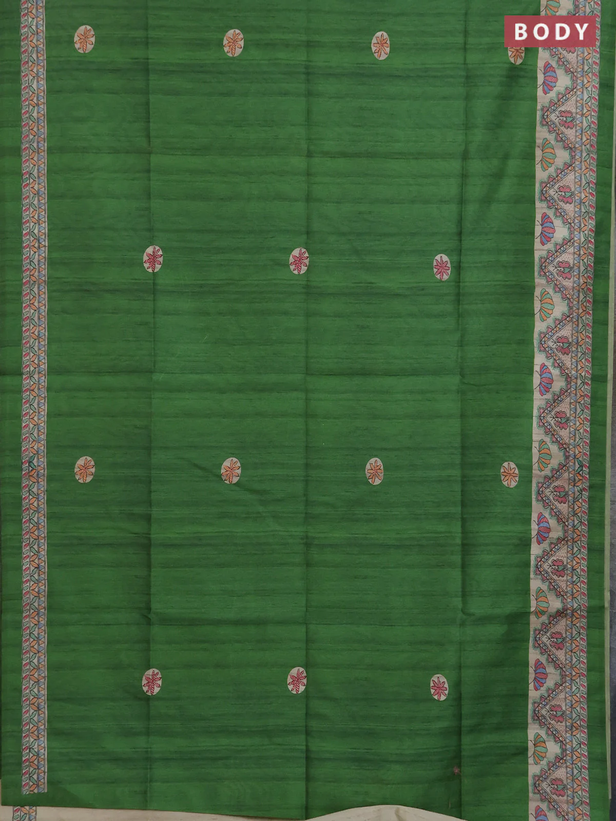 Semi tussar saree green and cream with butta prints and madhubani printed pallu & border - Image 2